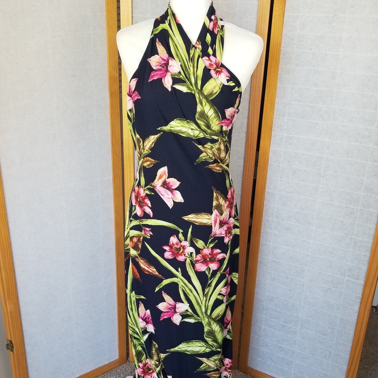 Rachel Rachel Roy Tropical Floral Maxi Jersey Dress Size Large Navy Background