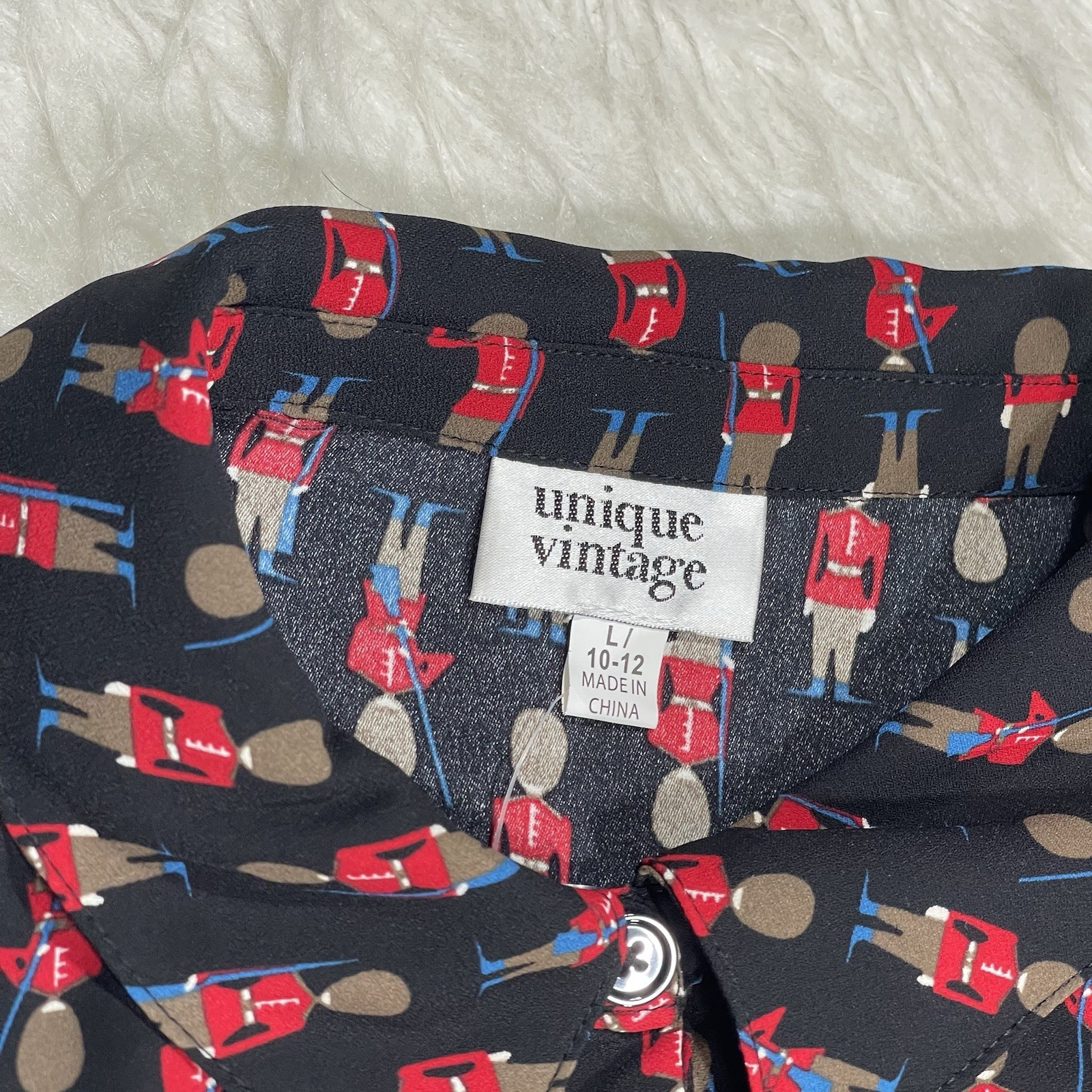 Unique Vintage Retro Pin Up Soldier Print Fit Flare Shirtdress Size Large NWT D3