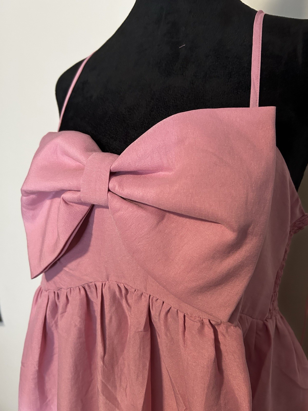 First Love L Pink Solid Woven Fit & Flare Bow Front Smocked Back Dress