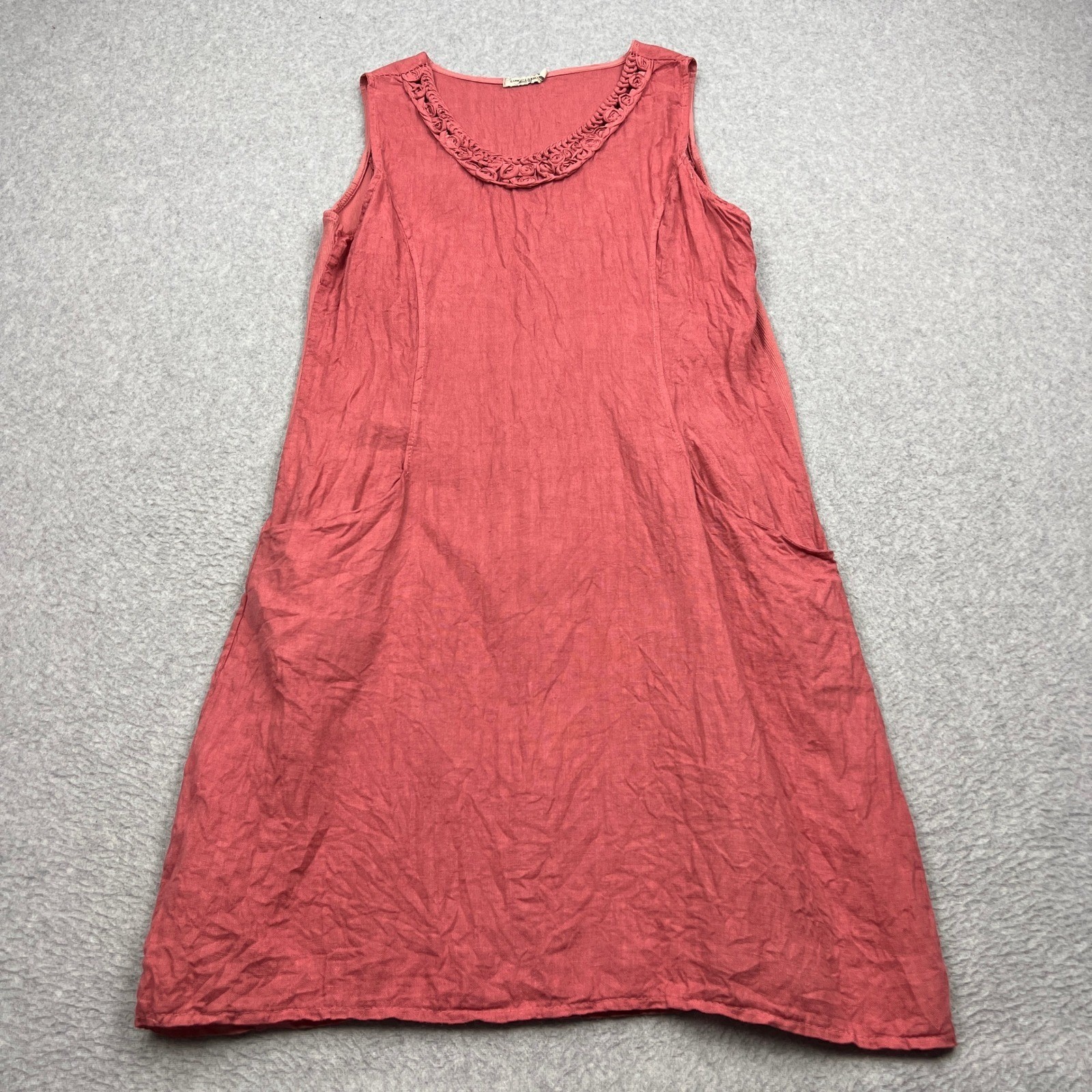 Lungo L’Arno Dress Women XL Rose Pink 100% Linen Rosette Trim Pocket Shift Italy