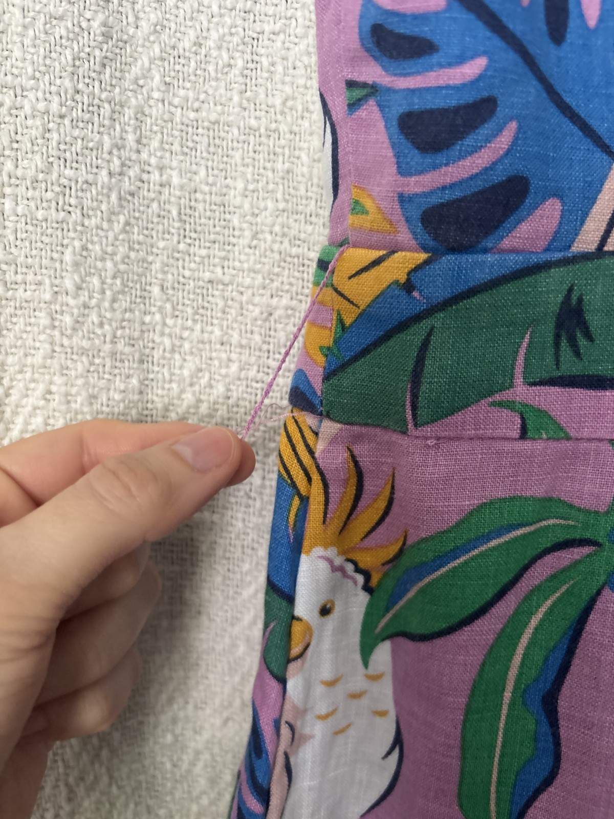 Boden purple green white linen sleeveless maxi v-neck bird parakeet palm tree 12