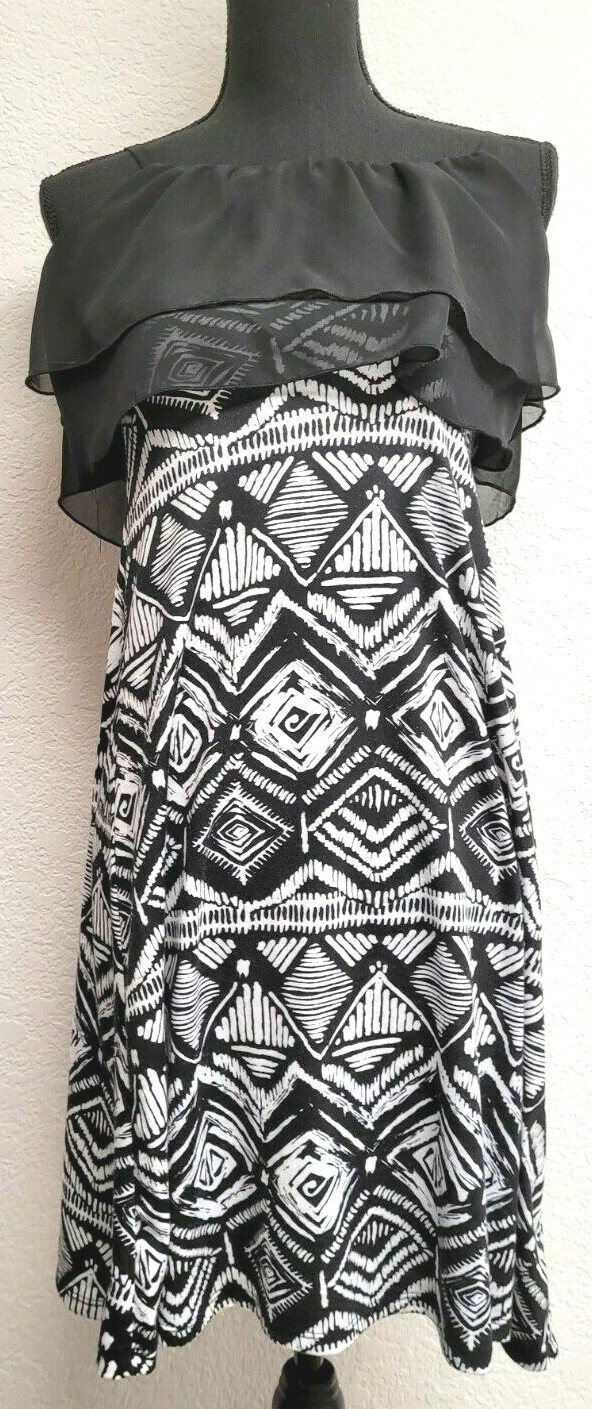 Unknown Brand Sun Dress (XS) Black/White Geometric. Sleeveless. Sheer Top Layer.