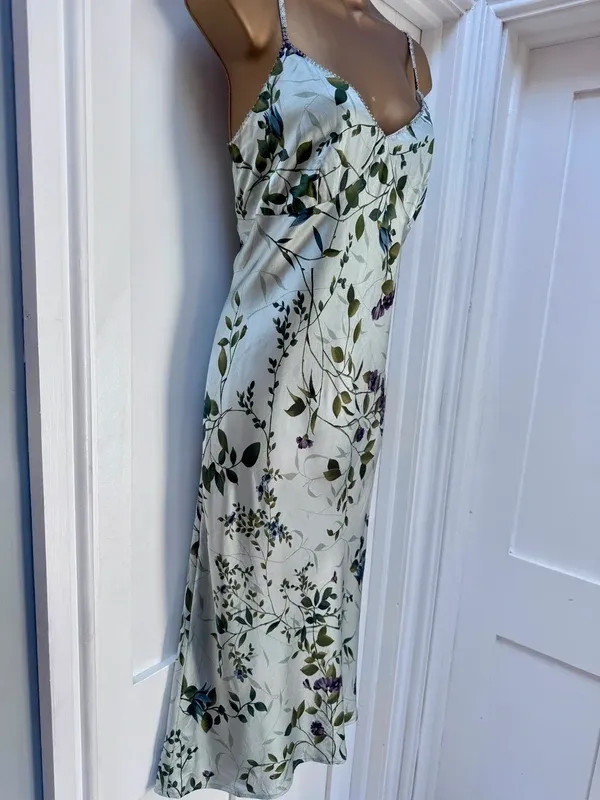 Monsoon 100% Silk Vintage Floral Cami Midi Dress UK 14 Sage Green Wedding Guest