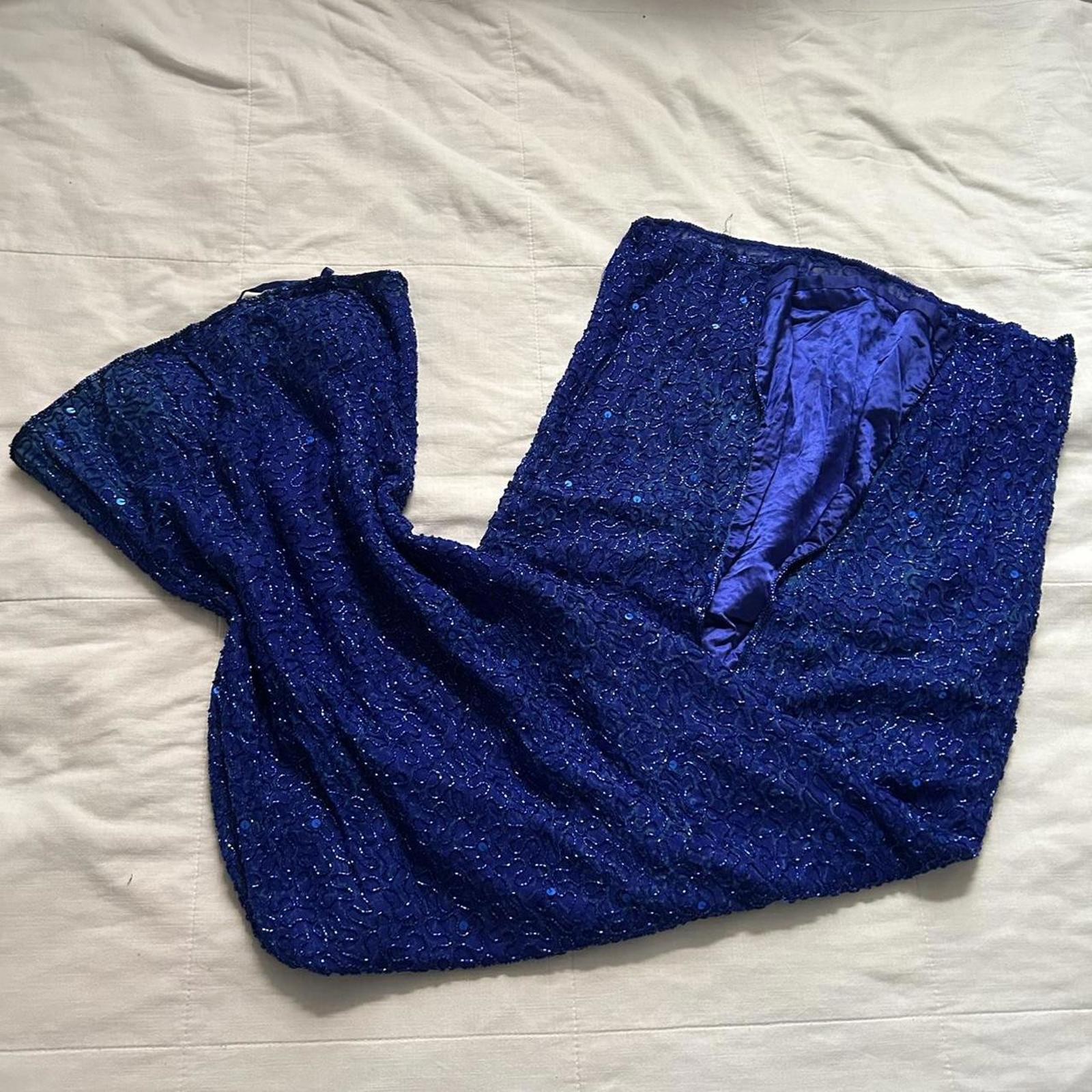 Scala Deadstock Blue Sequin Beaded Silk Strapless Maxi Dress Size M