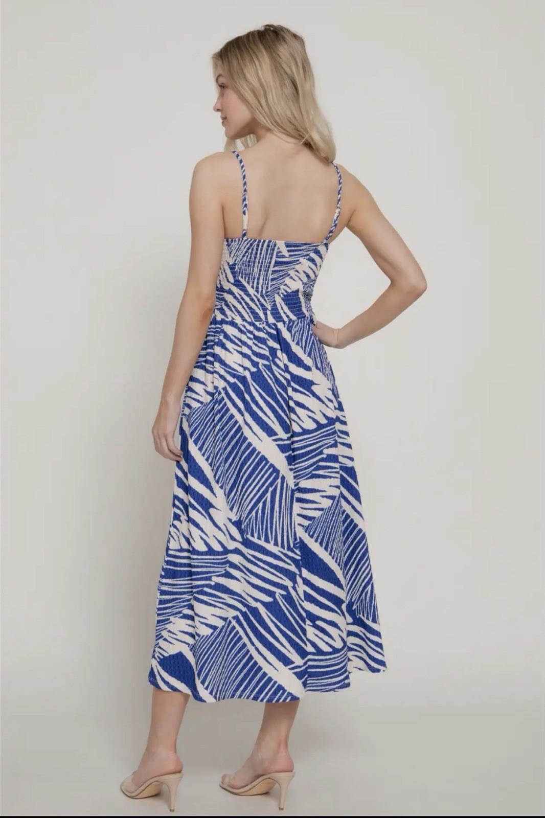 Active Blue White Smocked Spaghetti Strap Summer Sun Midi Dress