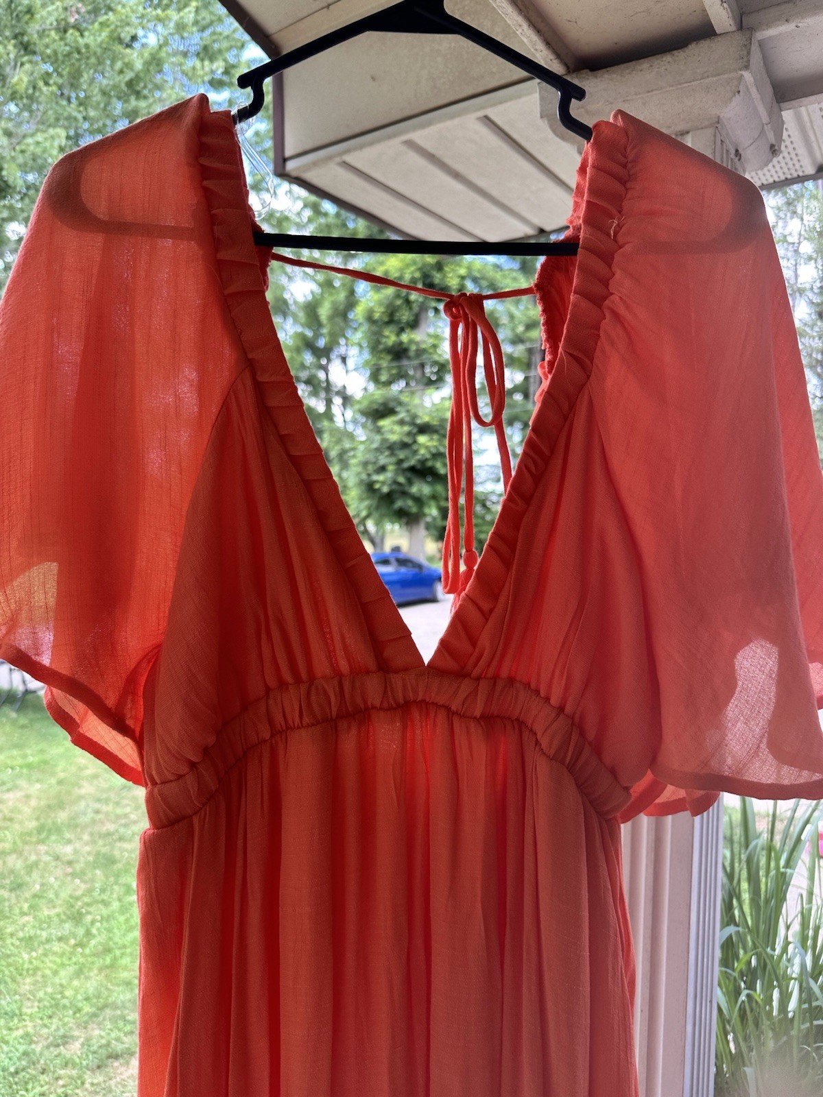 Orange Chiffon Maxi Dress V-Neck Flutter Sleeve and low back with tie strap.