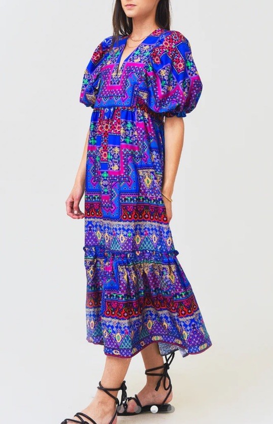 Hunter Bell Palmer Dress Puff Sleeve Midi Multi Talavera Patchwork Sz Small EUC