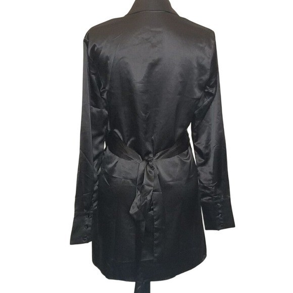 FINESSE Black Satin Ruched Wrap Mini Shirt Dress Button Cuff S LBD Romantic Dark