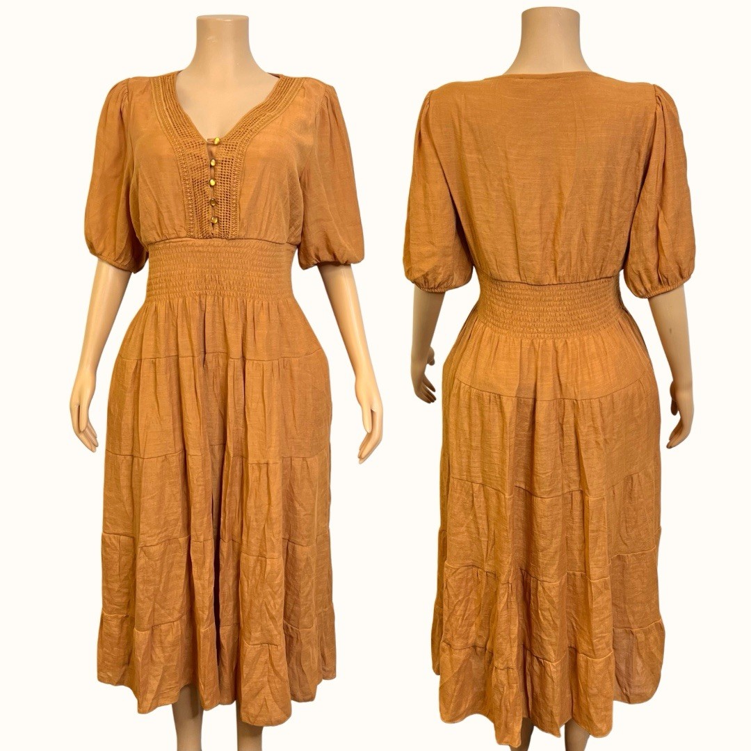 J Gee Boho Puff Sleeve Tiered Orange Maxi Dress Smocked Cottagecore Size XL