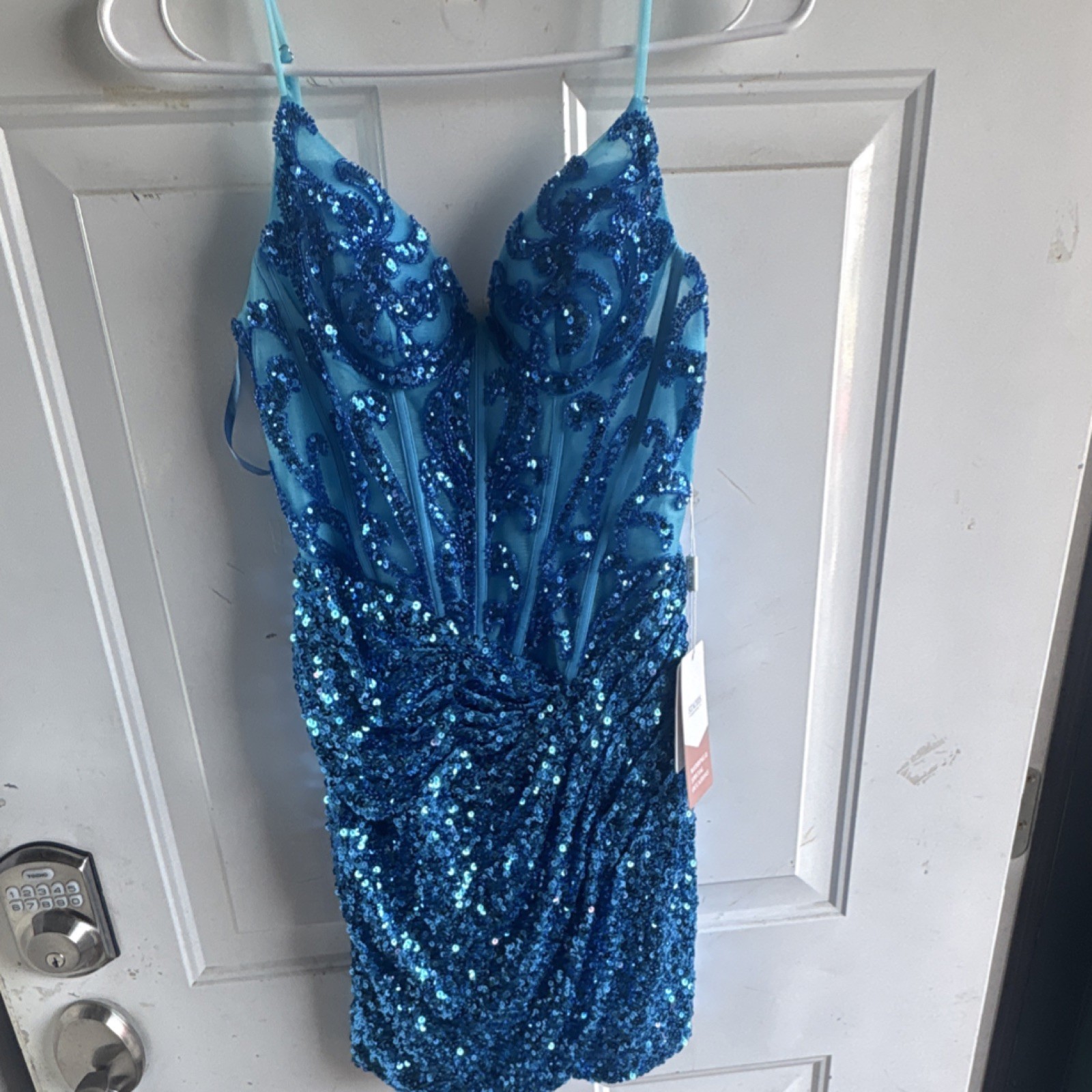 STACEES Blue Sequin Mesh Sweetheart Strappy Bodycon Mini Dress Womens Size 0