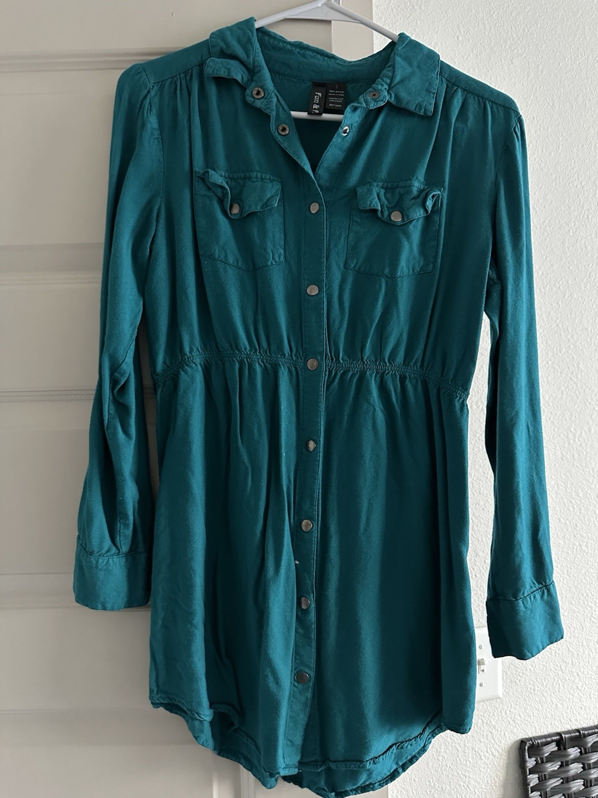 Fun & Flirt S Teal Viscose Shirt Dress Collared Button Pockets Long Sleeve