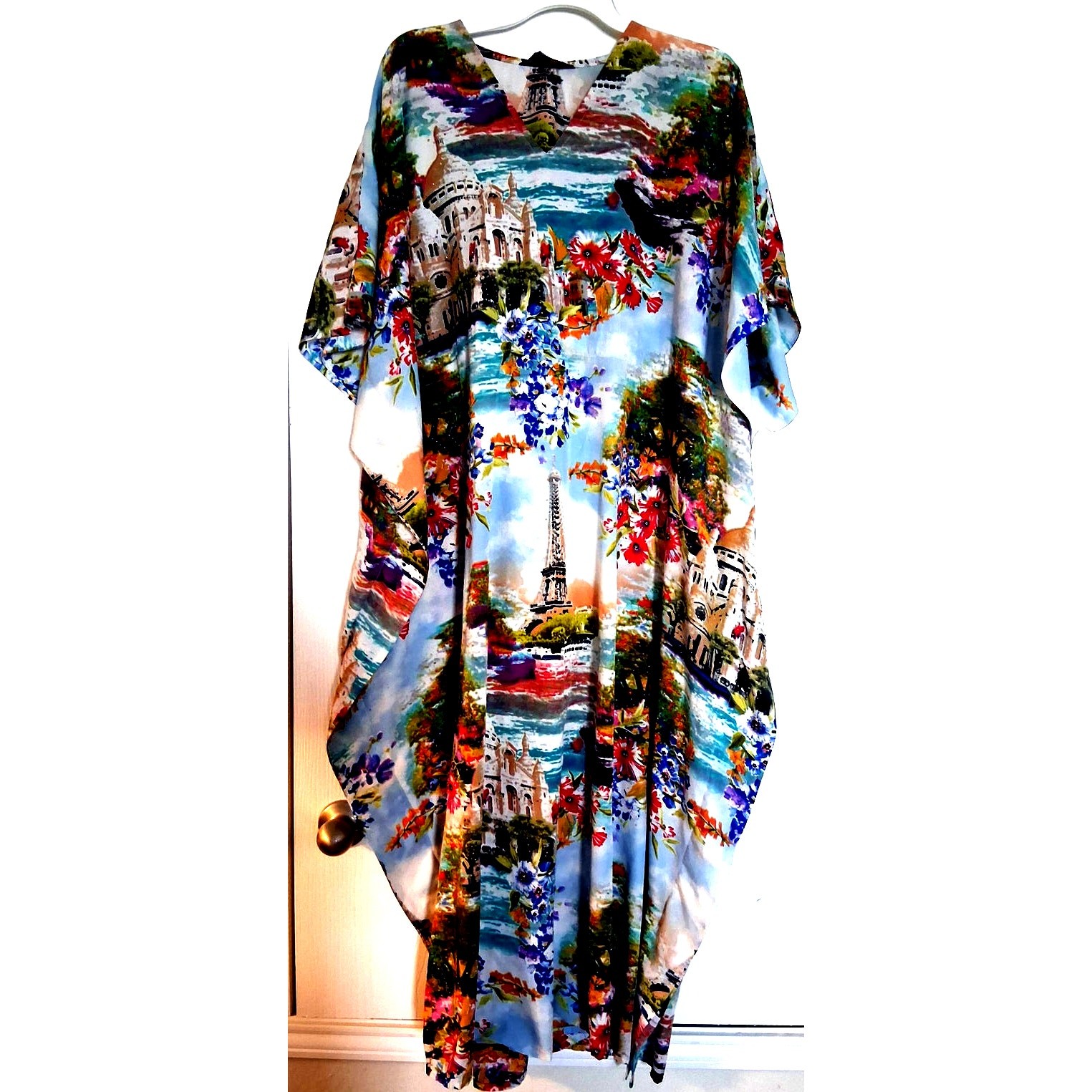 Riviera Sun Paris Scenic Art Beaded Caftan Dress Free Plus Size Boho Maxi