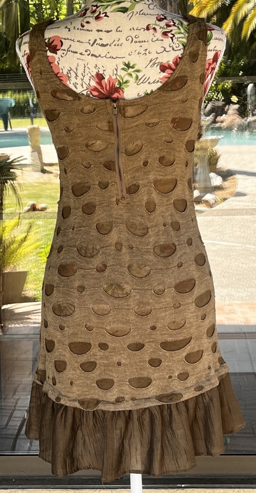 Long Sleeveless Ruffle Trim Brown Dress W/ See Through Distressed Holes Sz S