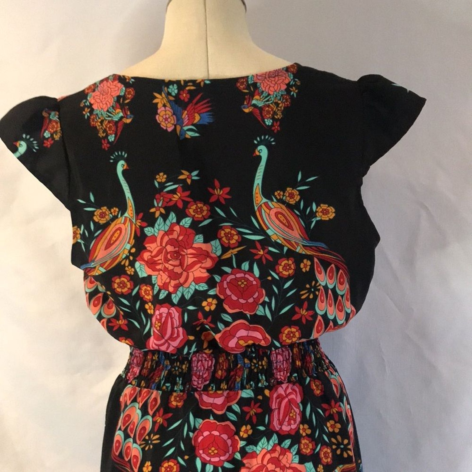 Black floral peacock colorful print short sleeves hi-low maxi dress boho gypsy M