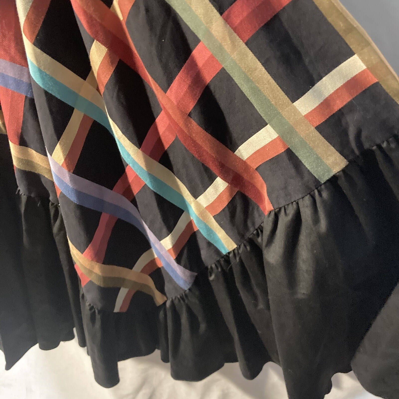 Vintage FINE FEATHERS black multicolor plaid scoop neck circle dress 10