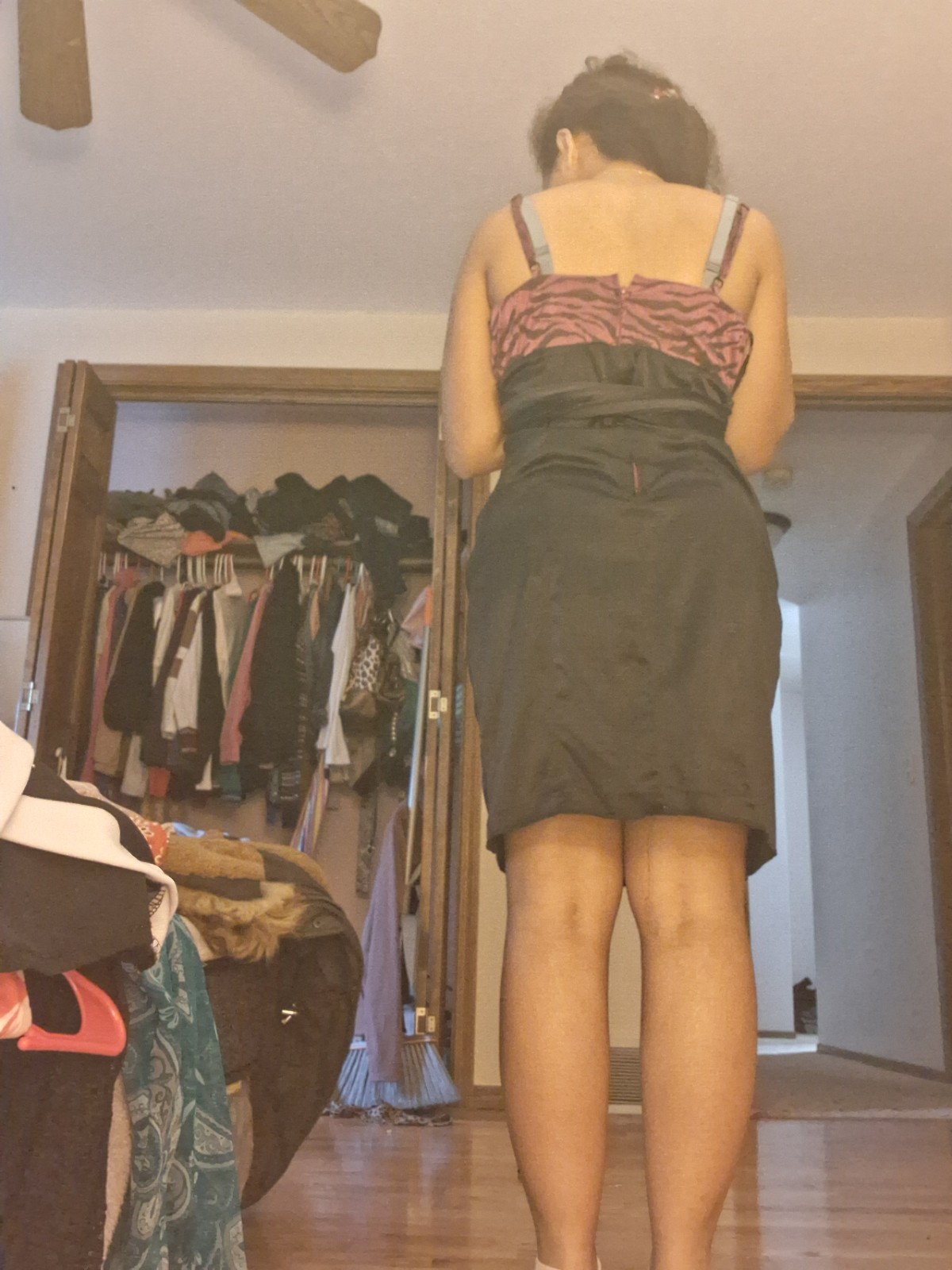 B. Wear Black/Purple Zebra Print Spaghetti Strap Knee Length Dress With Pockets