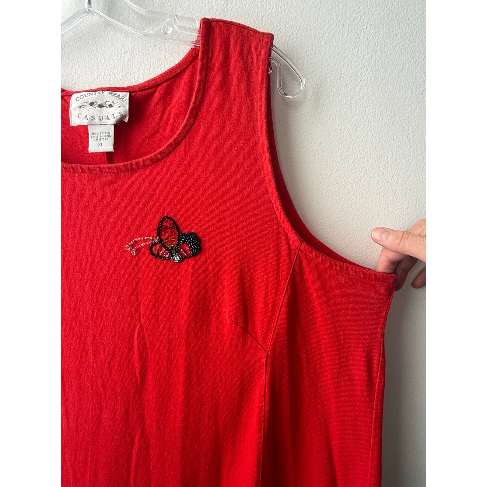 Vintage 90s Red Beaded Butterfly Maxi Dress Beach Coverup Coastal Grandma Top XL