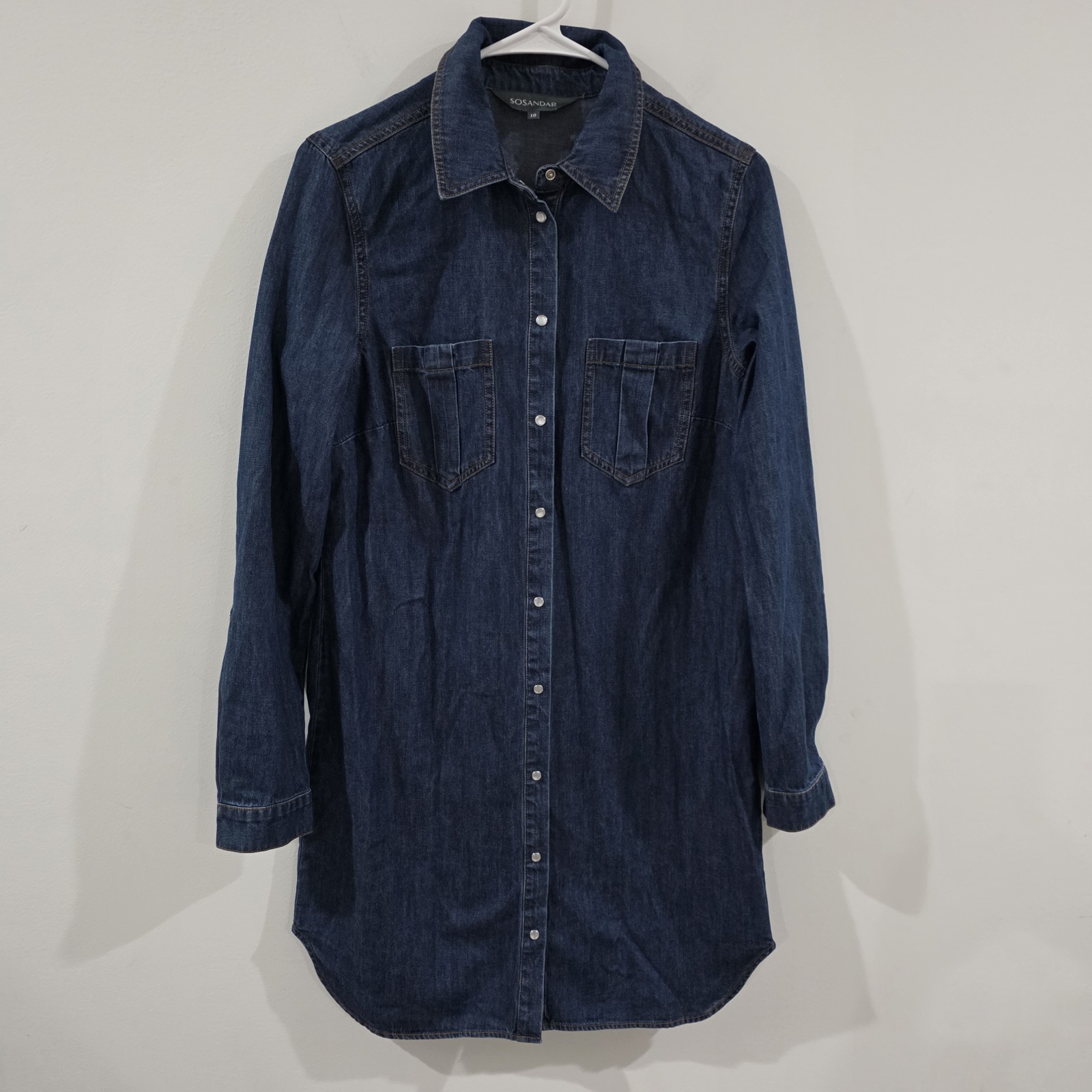 Womens Chambray Pearl Snap Mini Shirt Dress Size 10 Blue Cowgirl Roll Tab Sleeve