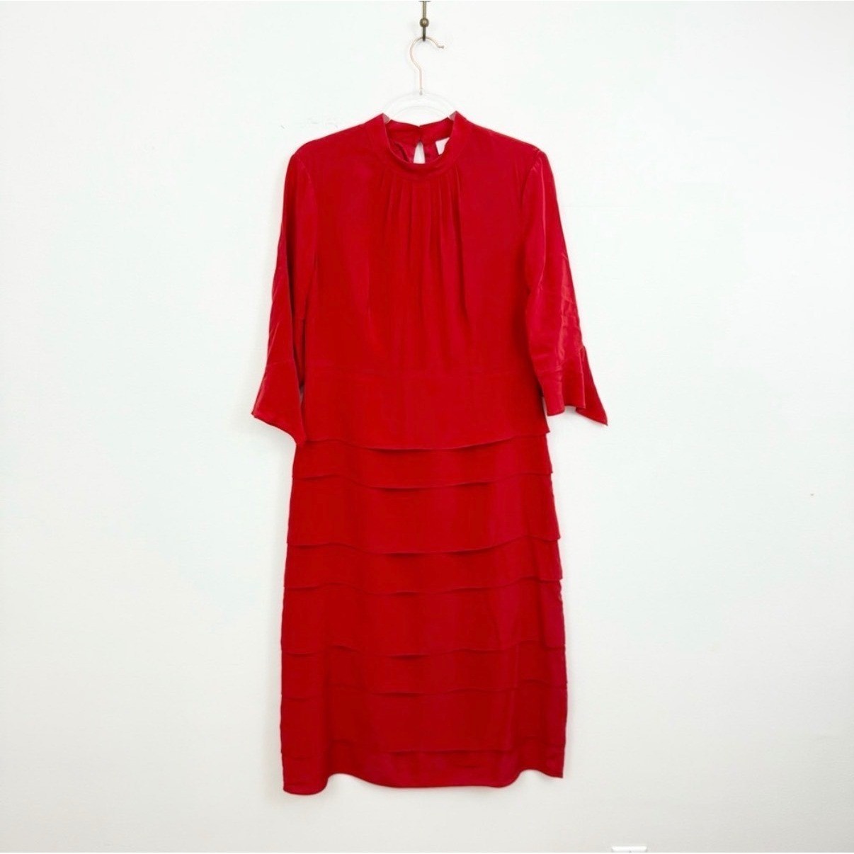 Iris & Ink Red Silk Tiered Midi Dress Size 14 Mock Neck Elegant Occasion
