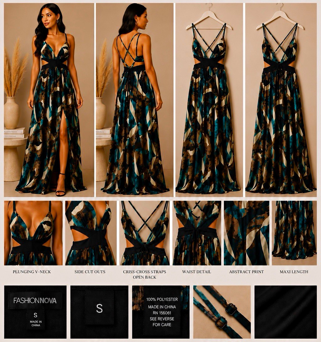 Abstract Maxi Dress V-Neck Cutout Slit Adjustable Straps Size S