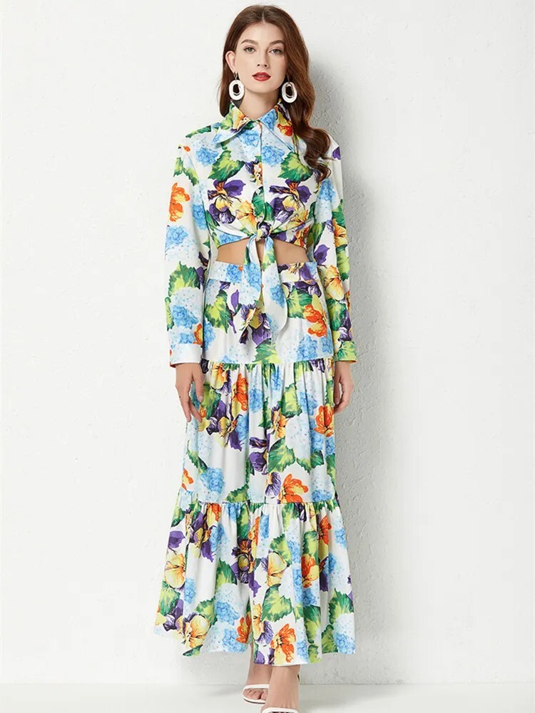 2022 Summer Runway Hydrangea Flower Vacation Maxi Boho Suit Women s-xxl