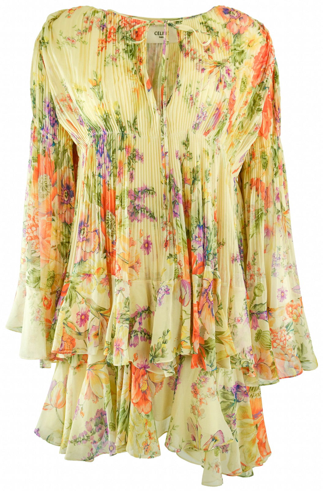 Celine Pleated Floral Mini Dress in Pale Yellow
