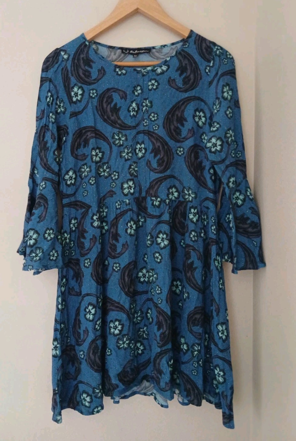 For Love & Lemons Bell Sleeve Mini Dress Size Large Blue Floral L/S Fairy Boho