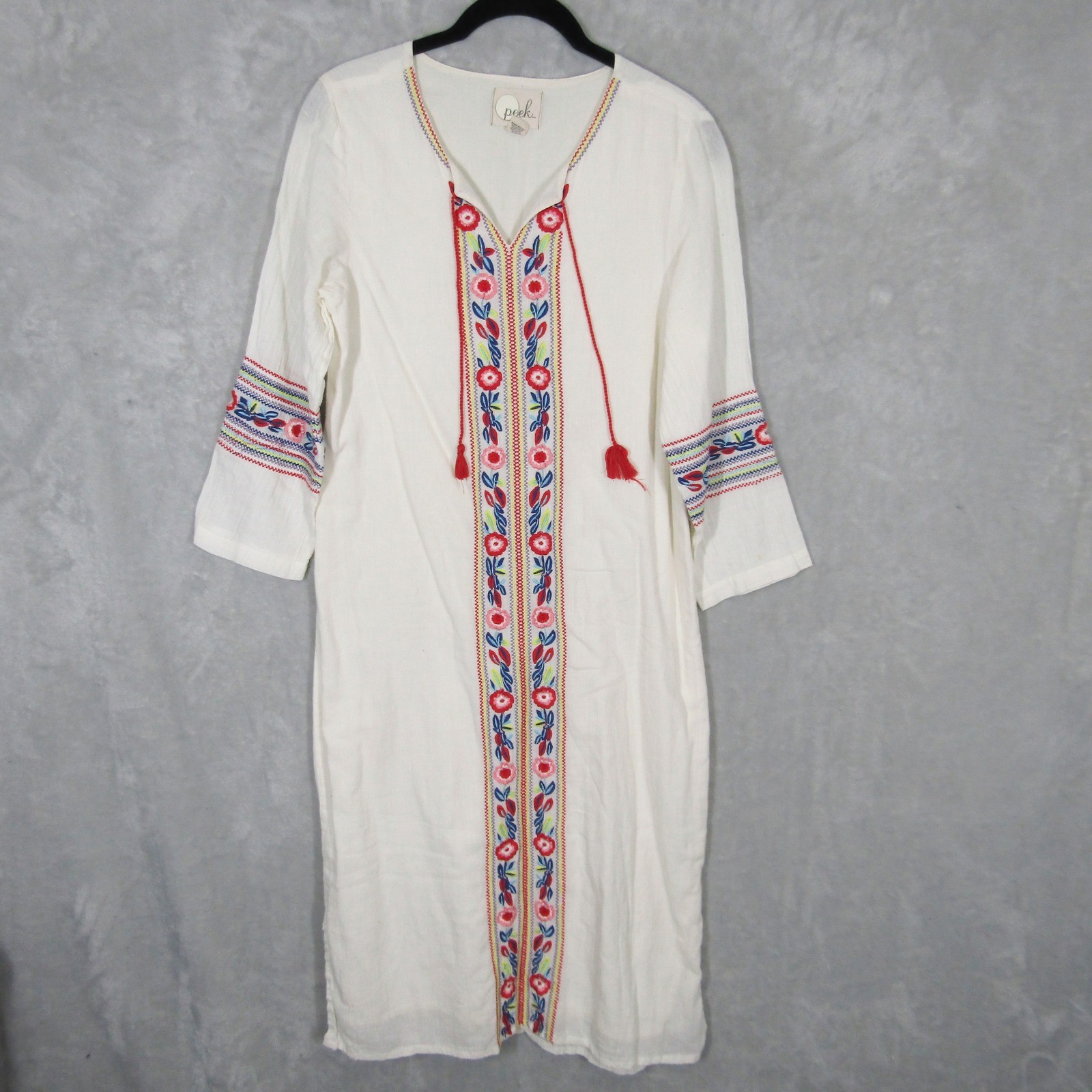 Peek Women XXL 12 White Cotton Embroidered Boho Kaftan Tunic Dress Tassels 42in