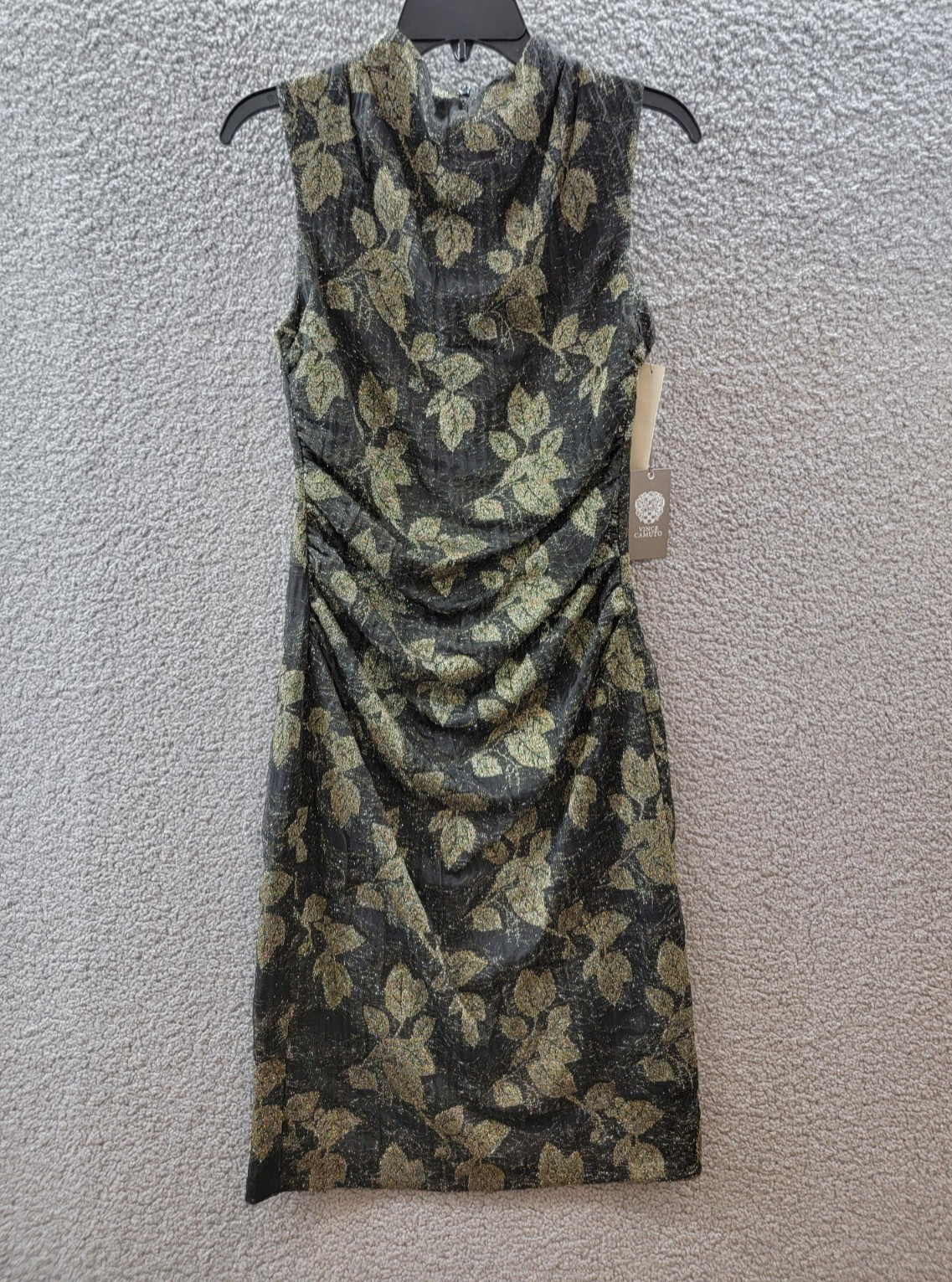 Vince Camuto Metallic-Knit Ruched Cowlneck A-Line Dress Women’s 6 Black/Gold