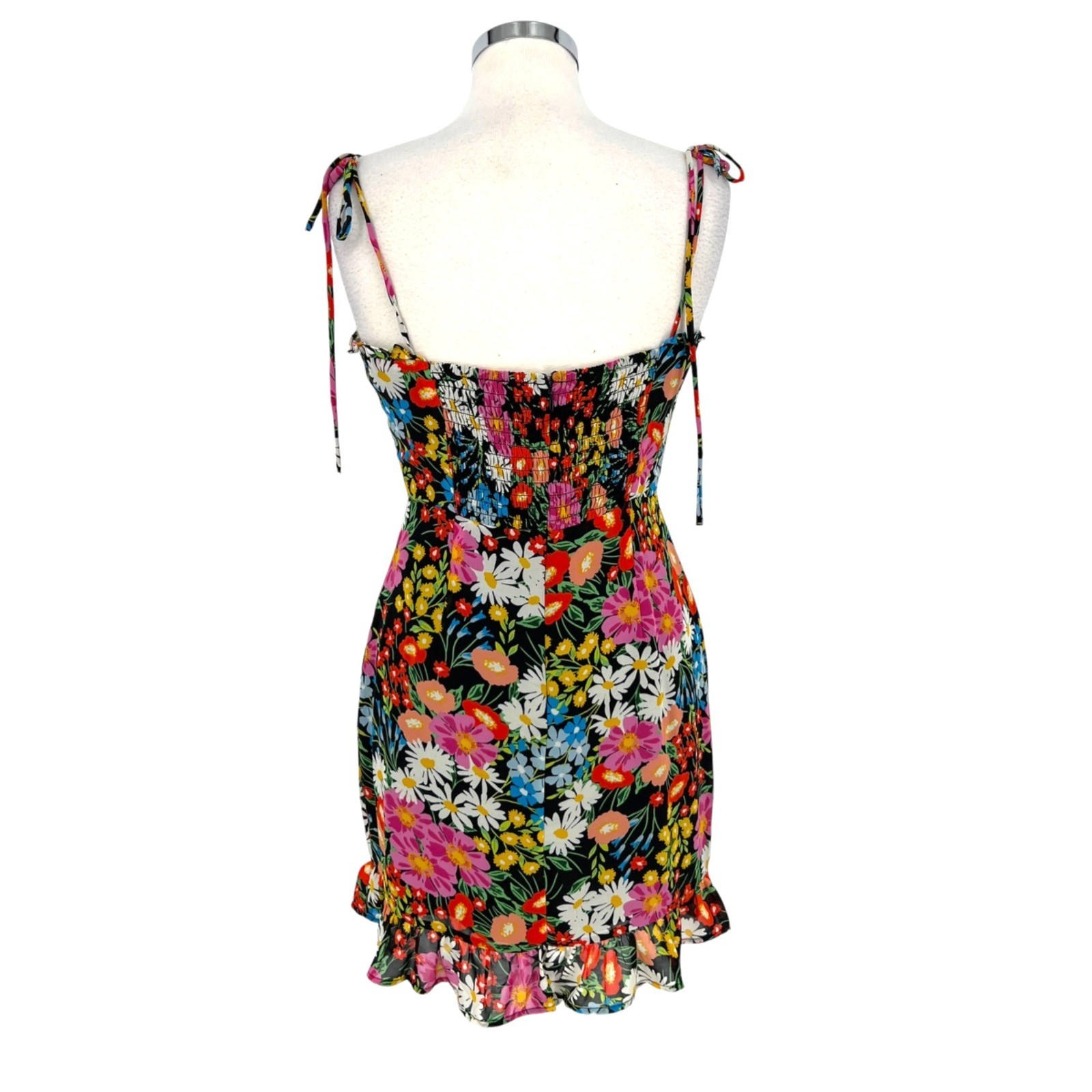 Sugarlips Lupita Floral Tie Strap Ruffle Mini Dress Black Multicolor Size Medium