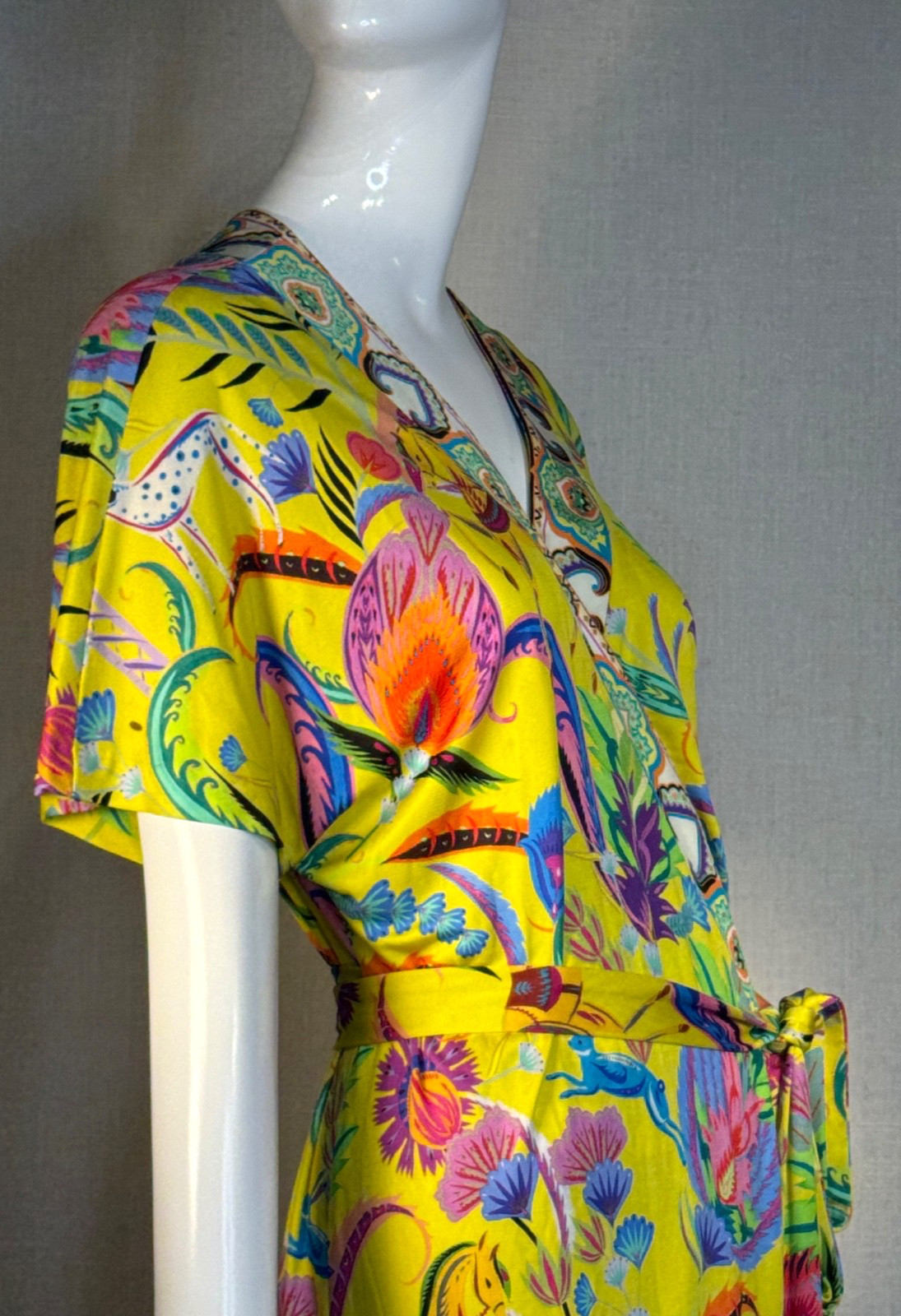 ETRO Milano SILK JERSEY Yellow Print Wrap Dress SIZE IT46 US10 , S/S 2018 NWOT