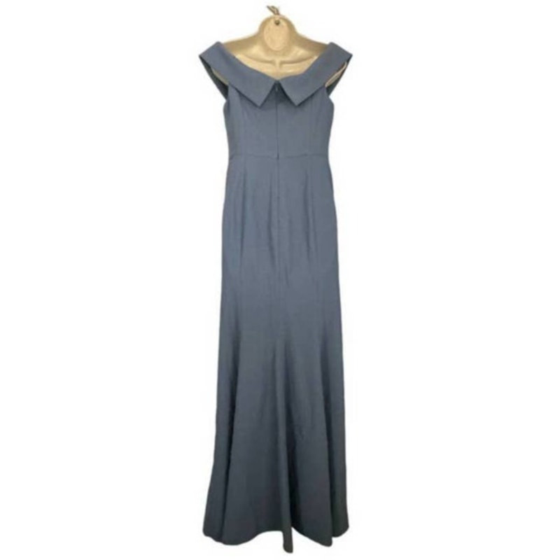NWT Dessy Collection Off The Shoulder Notch Trumpet Gown Larkspur Blue Sz 8