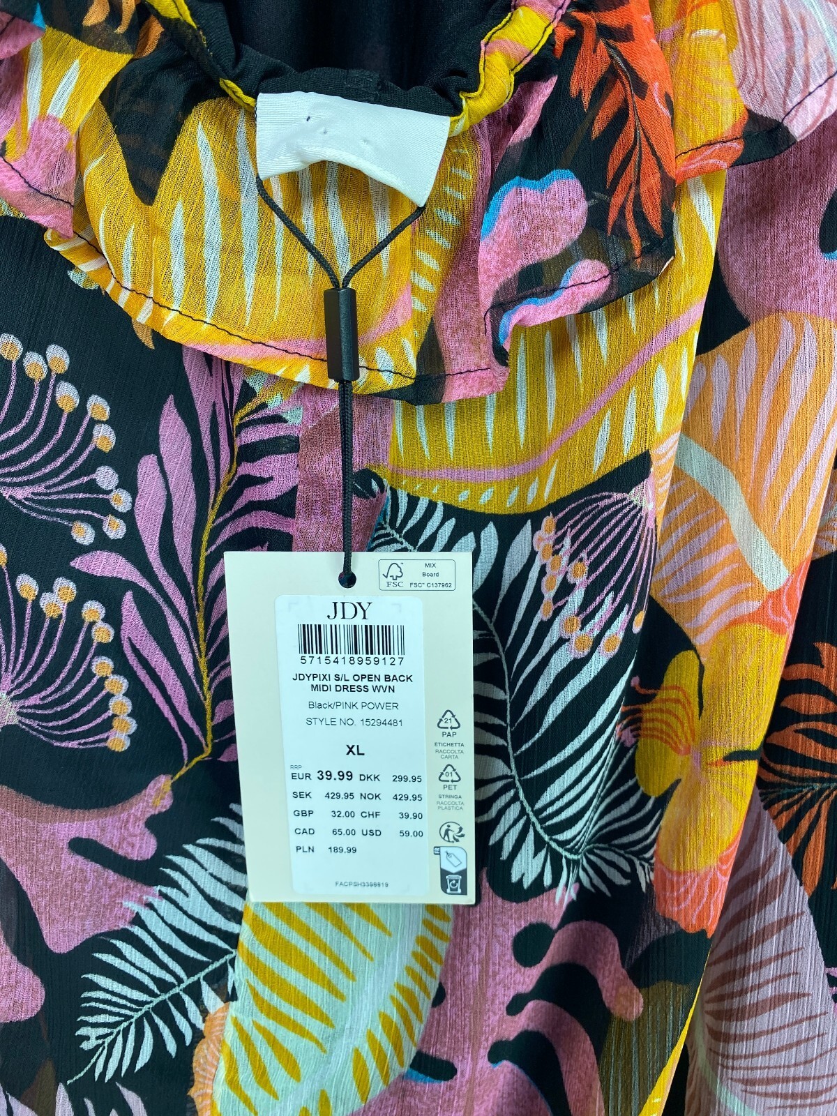 JDY Black Pink Multi Tropical Floral Midi A-Line Dress Open Back XL NEW
