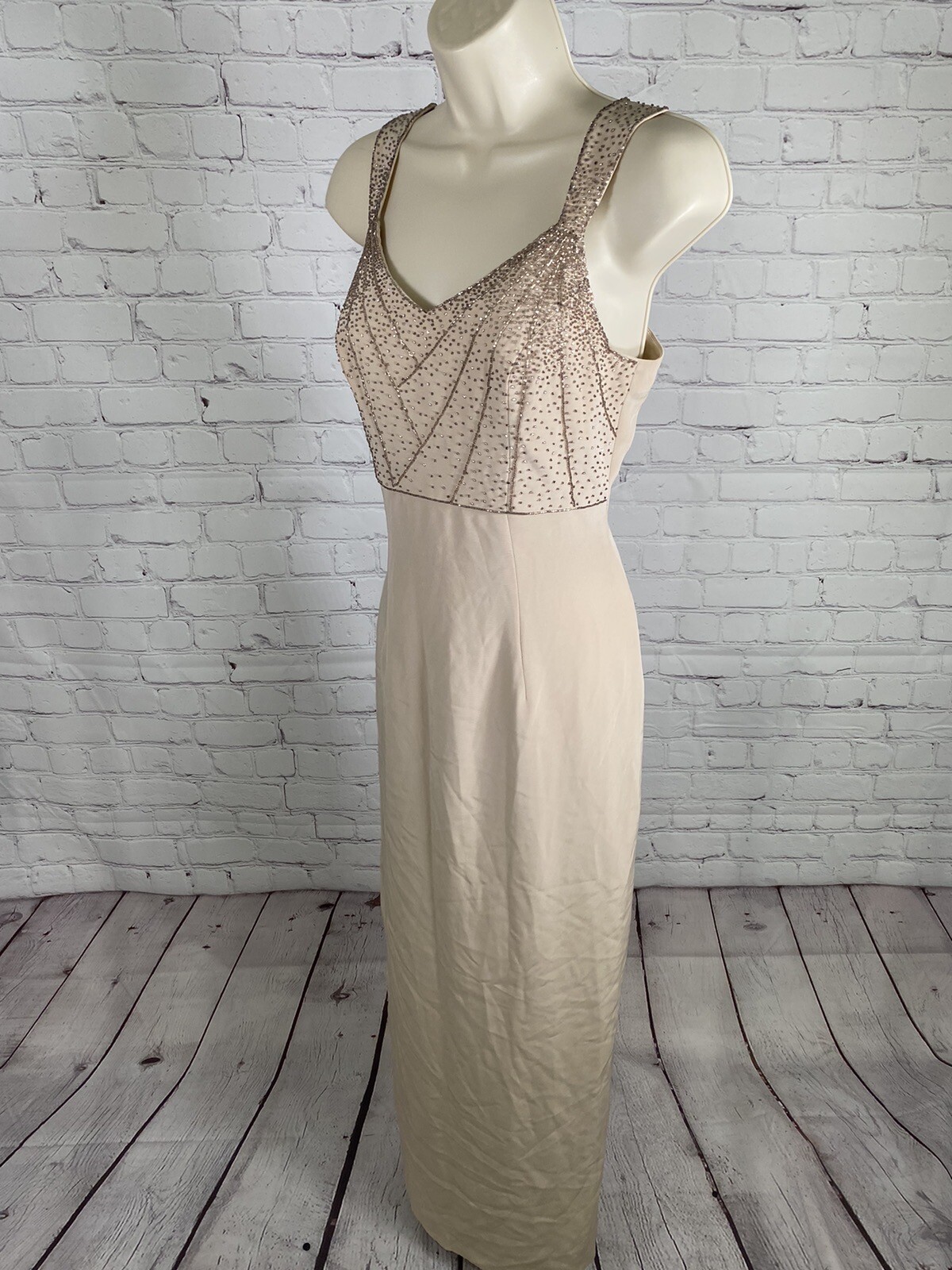 VTG Montage By Mon Cheri Champagne Beaded Long Sleeveless Sheath Dress 4