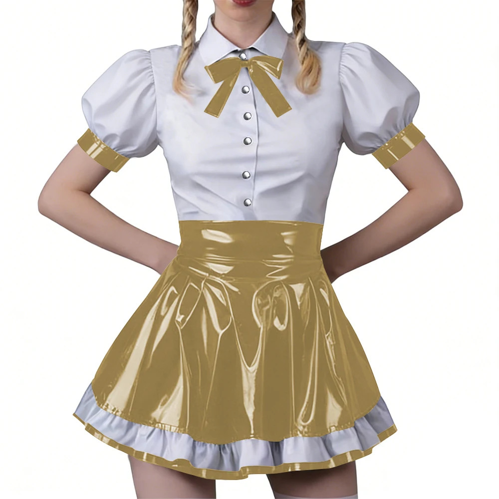 Women Vinyl PVC Bodycon Maid Sets Sweet Sexy Top Party Cosplay Unifom Skirt