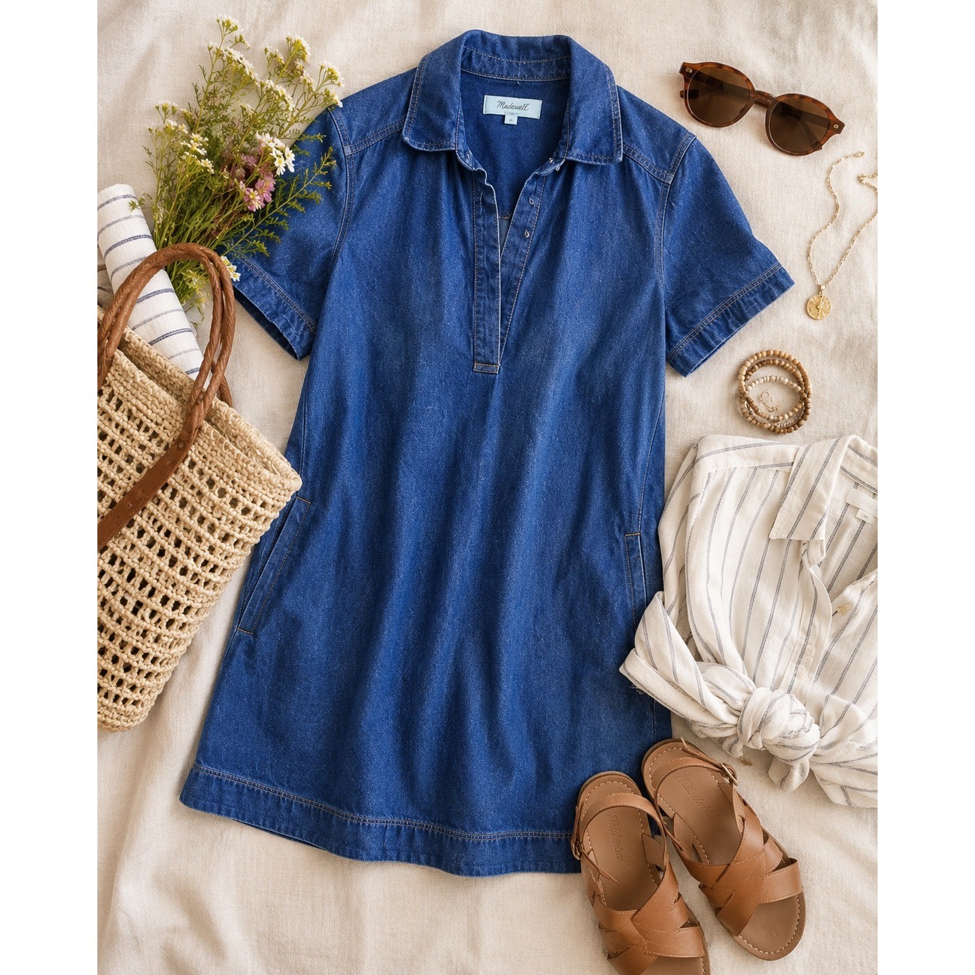 Madewell Denim Short Sleeve Mini Shift Dress Blue Indigo Cotton Pockets Size S