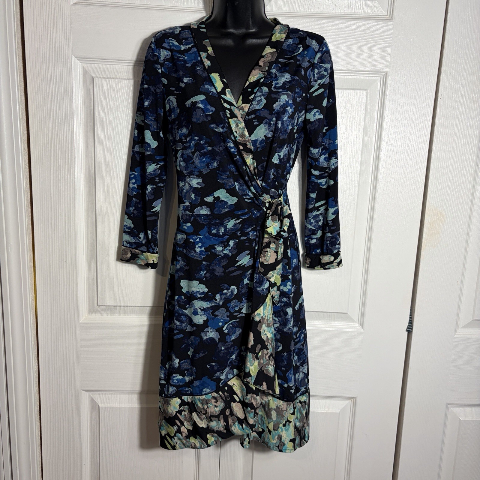 BCBGMAXAZRIA Adele Wrap Dress Women S Blue Abstract Watercolor Floral Ruffle Hem
