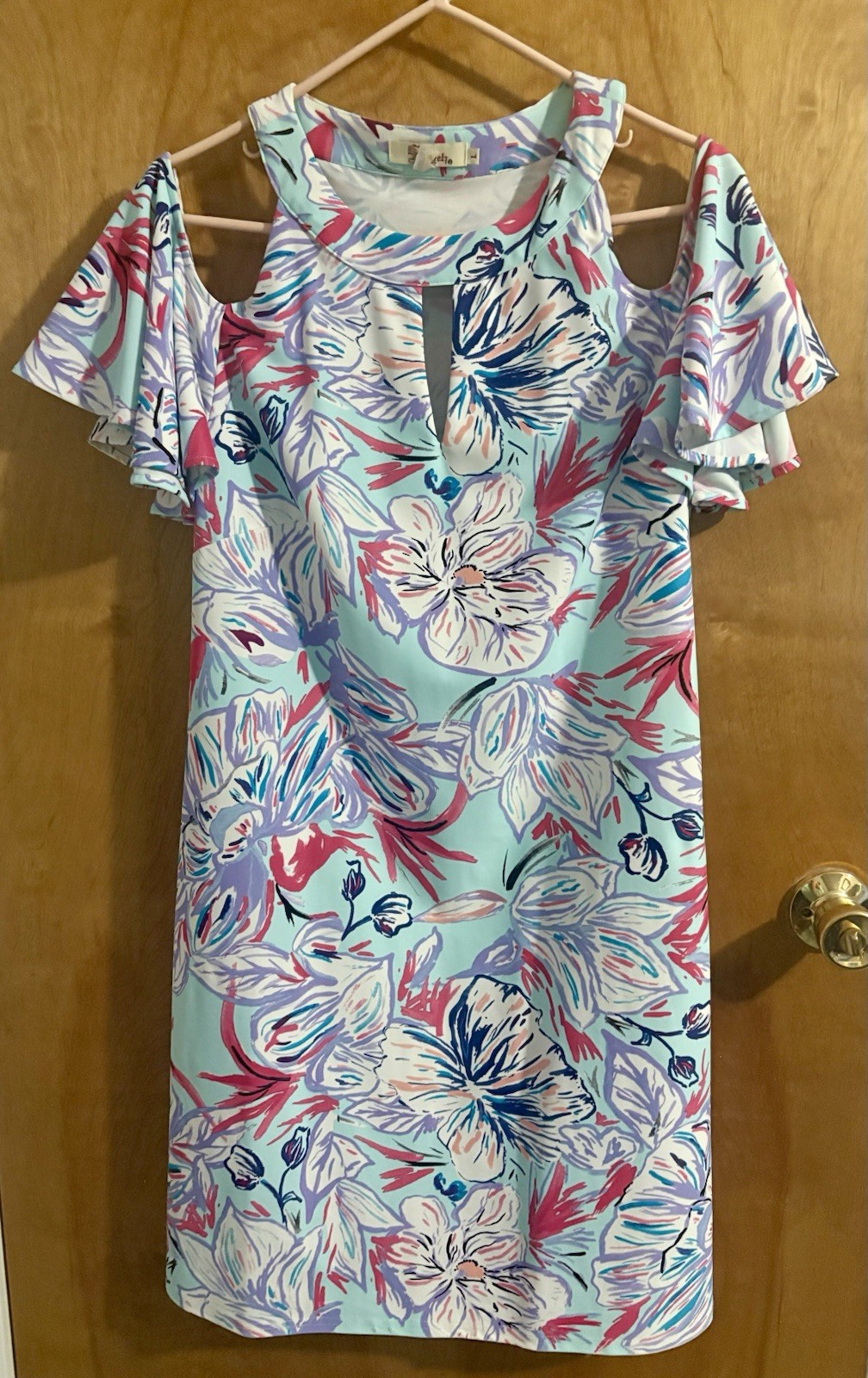 Axyeh Sz L Fancy Sleeves Knee Length Floral Print Silky Blue Red Aqua White