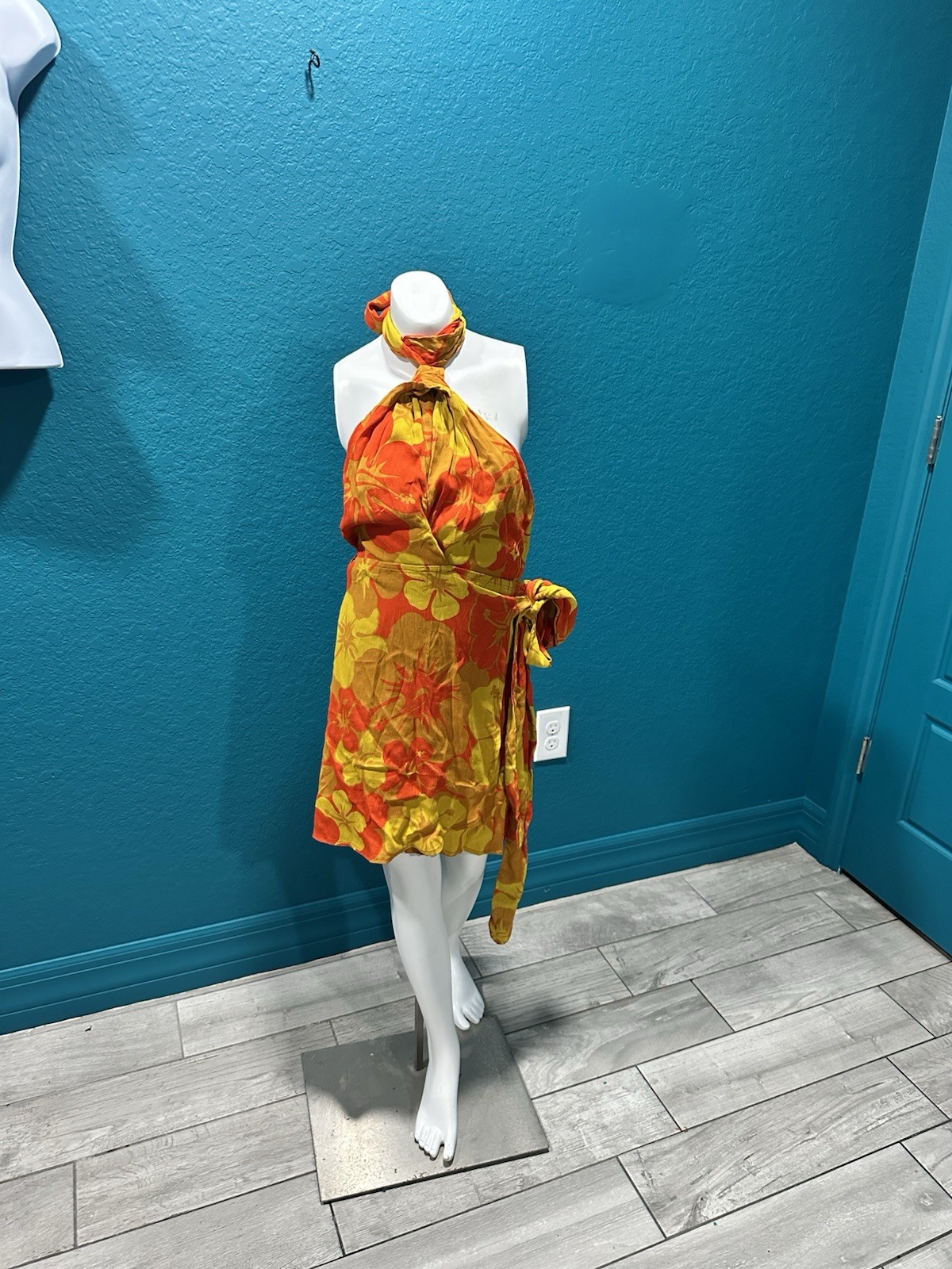 NWT Faithfull The Brand Orange Tropical Floral Halter Dress 4