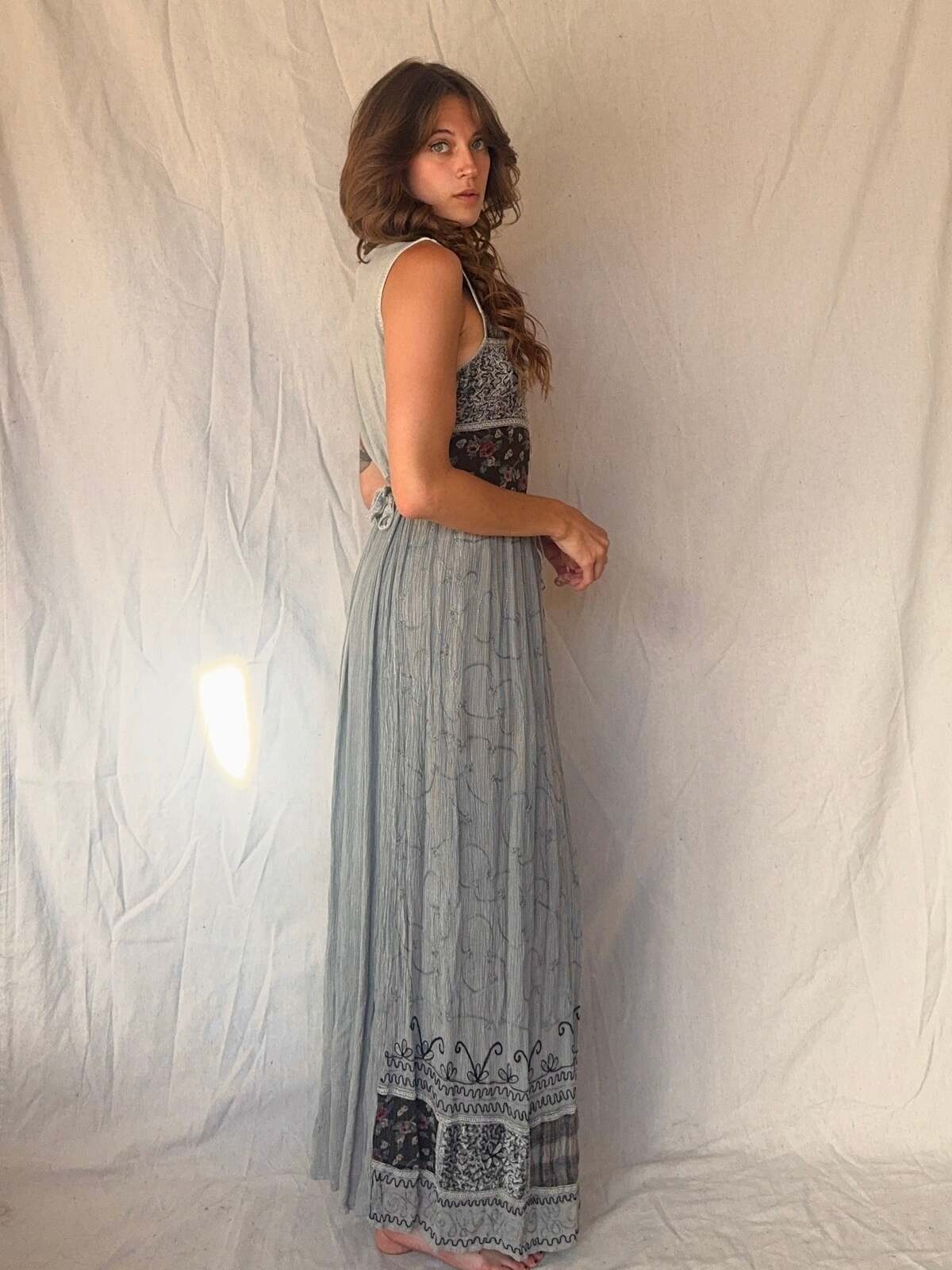 90s Grey Patchwork Whimsigoth Embroidered Fairy Maxi Dress