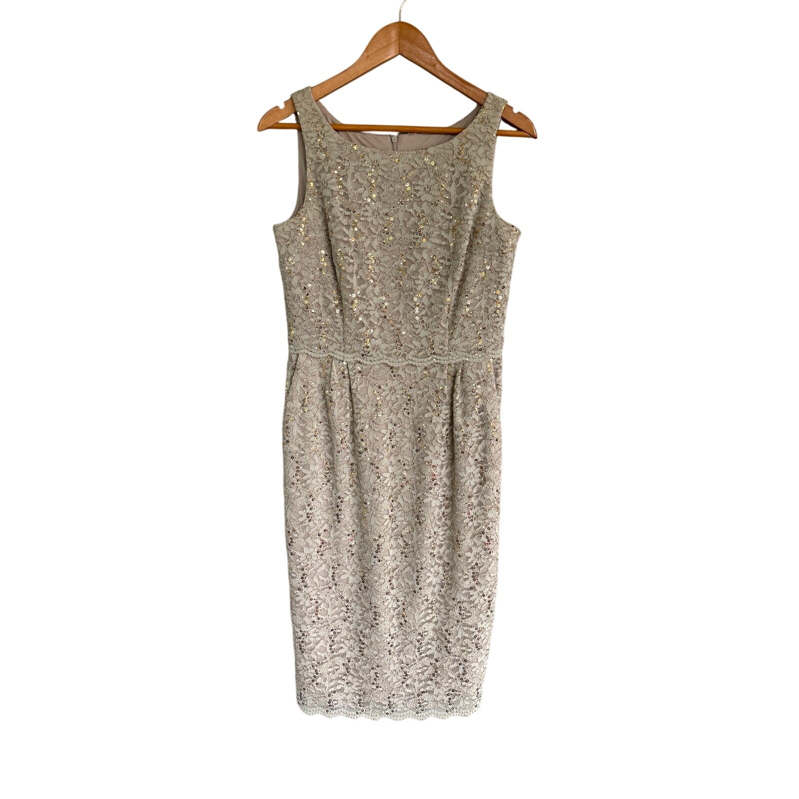 Alex Evenings Floral Overlay Sequin Knee Length Dress & Scarf Cream Sage Size 8