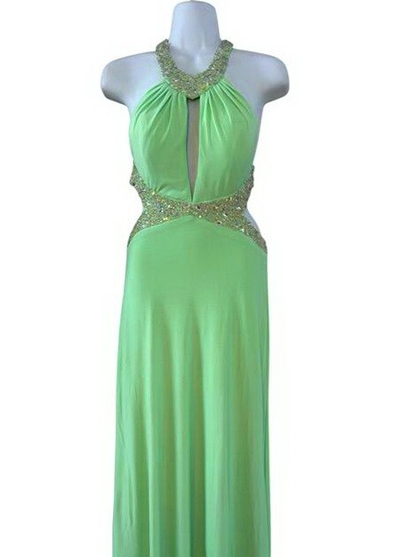Mint Green Beaded Sequin Rhinestone Keyhole Cut Out Open Back Gown Size 4 $279