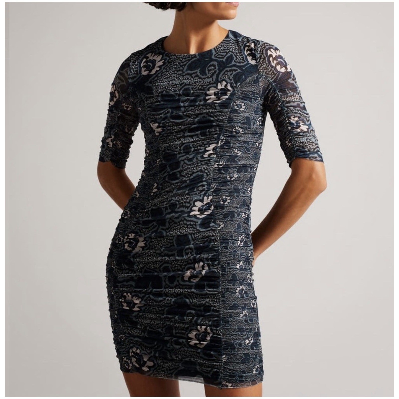 Ted Baker Velvit Blue Floral Sheer Sleeve Dress Size 1 (S/4)