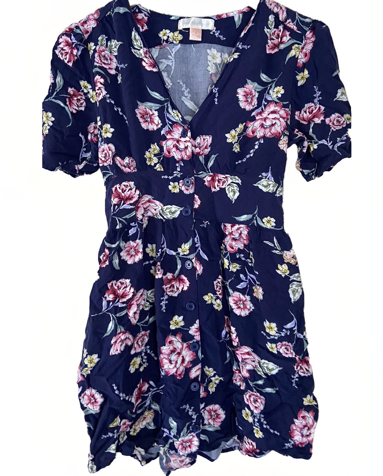 Band Of Gypsies sz M Cottage Blue Floral Mini Dress Sundress w/ pockets