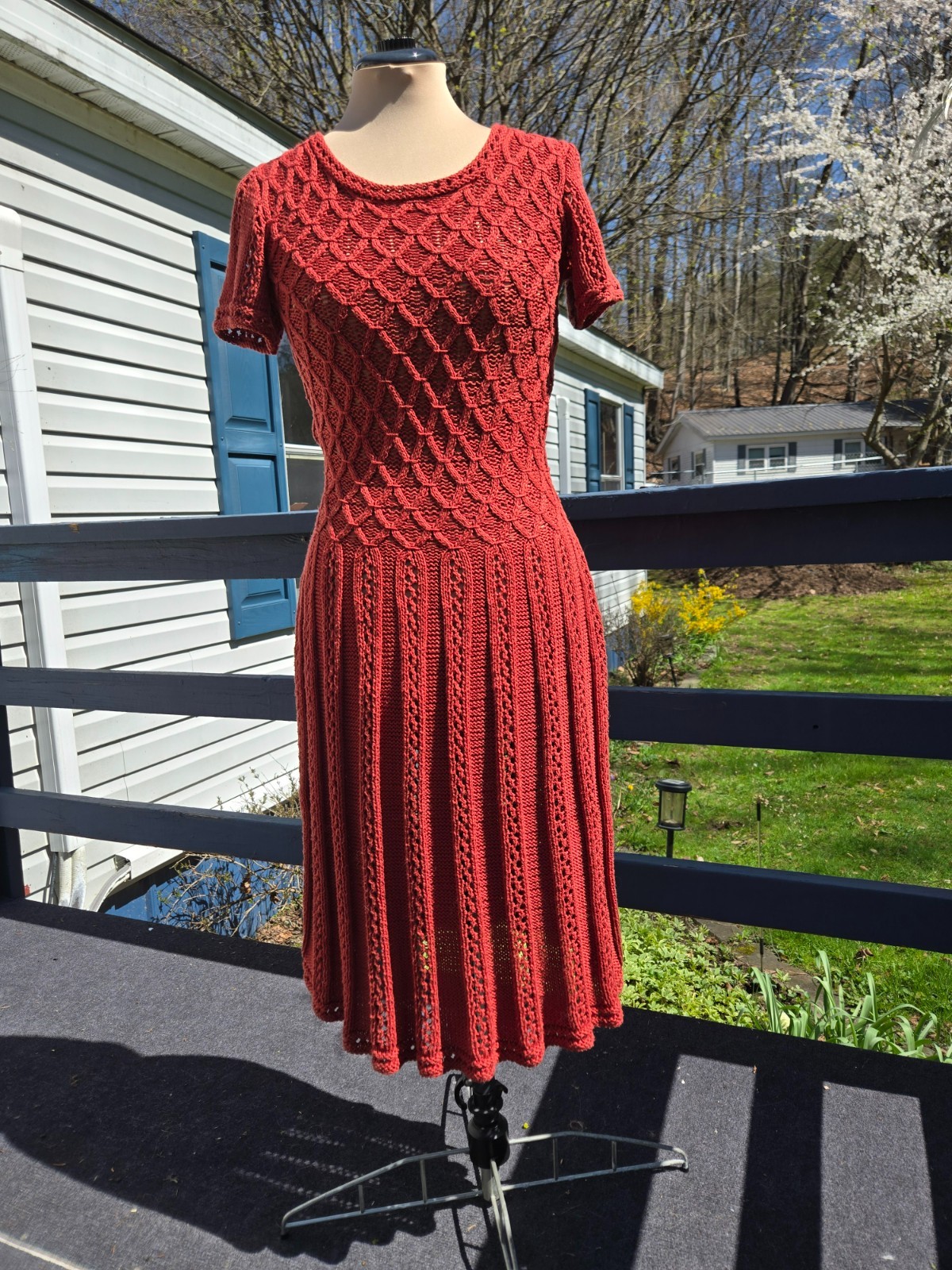 UNIQUE HAND MADE KNITTED COTTON SUMMER DRESS S/M IN TERRACOTTA FOR ANY OCCASION