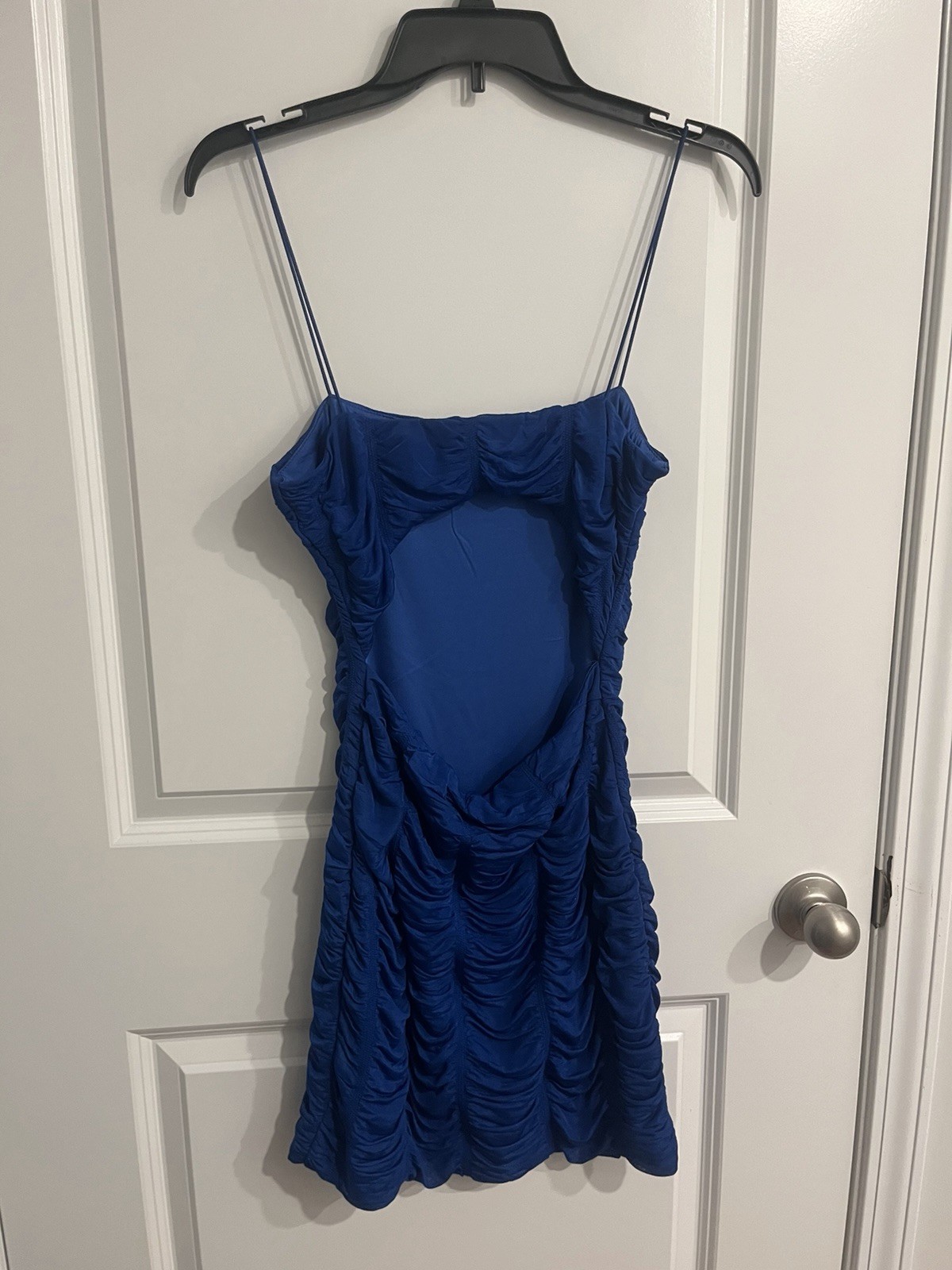Windsor Blue Ruched Mesh Lined Open Back Spaghetti Strap Mini Dress L