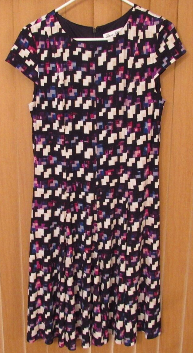 Laura Jeffries Cap Sleeve Scoop Neck Black Print Dress Size 10
