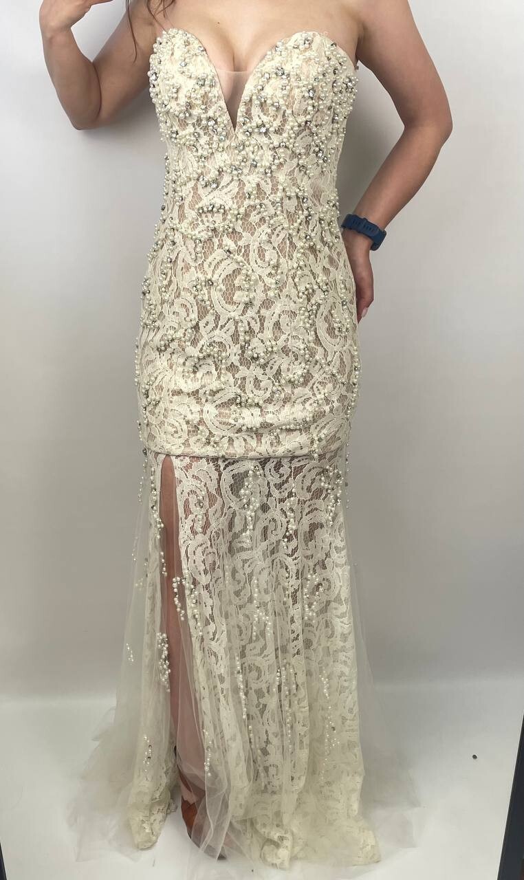 Jovani Strapless Lace Gown Beaded Pearl Nude Ivory Dress Sz 4 Small Prom Formal