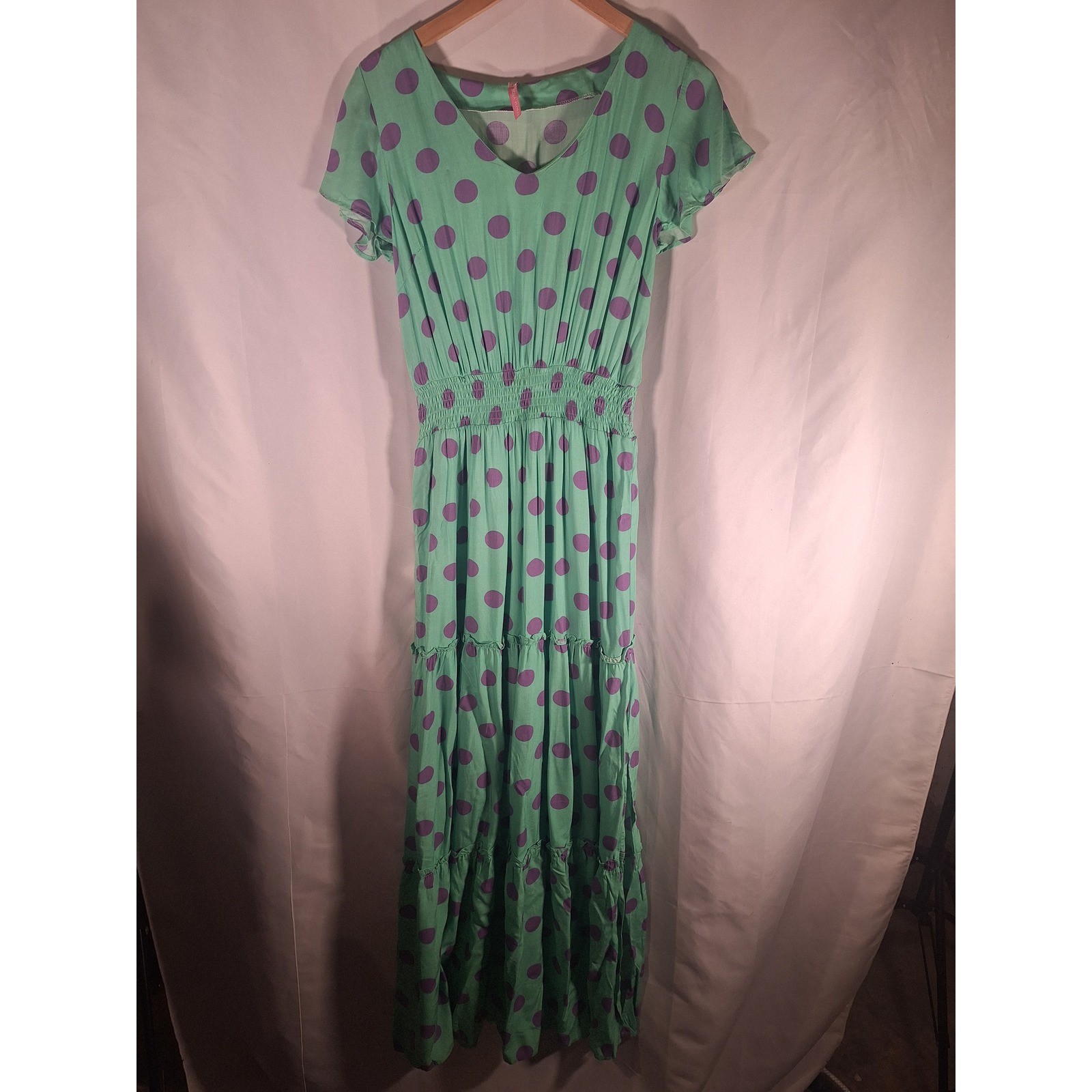 Rosa Floral Maxi Dress Mint Purple Polka Dot Tiered Smocked Waist V Neck