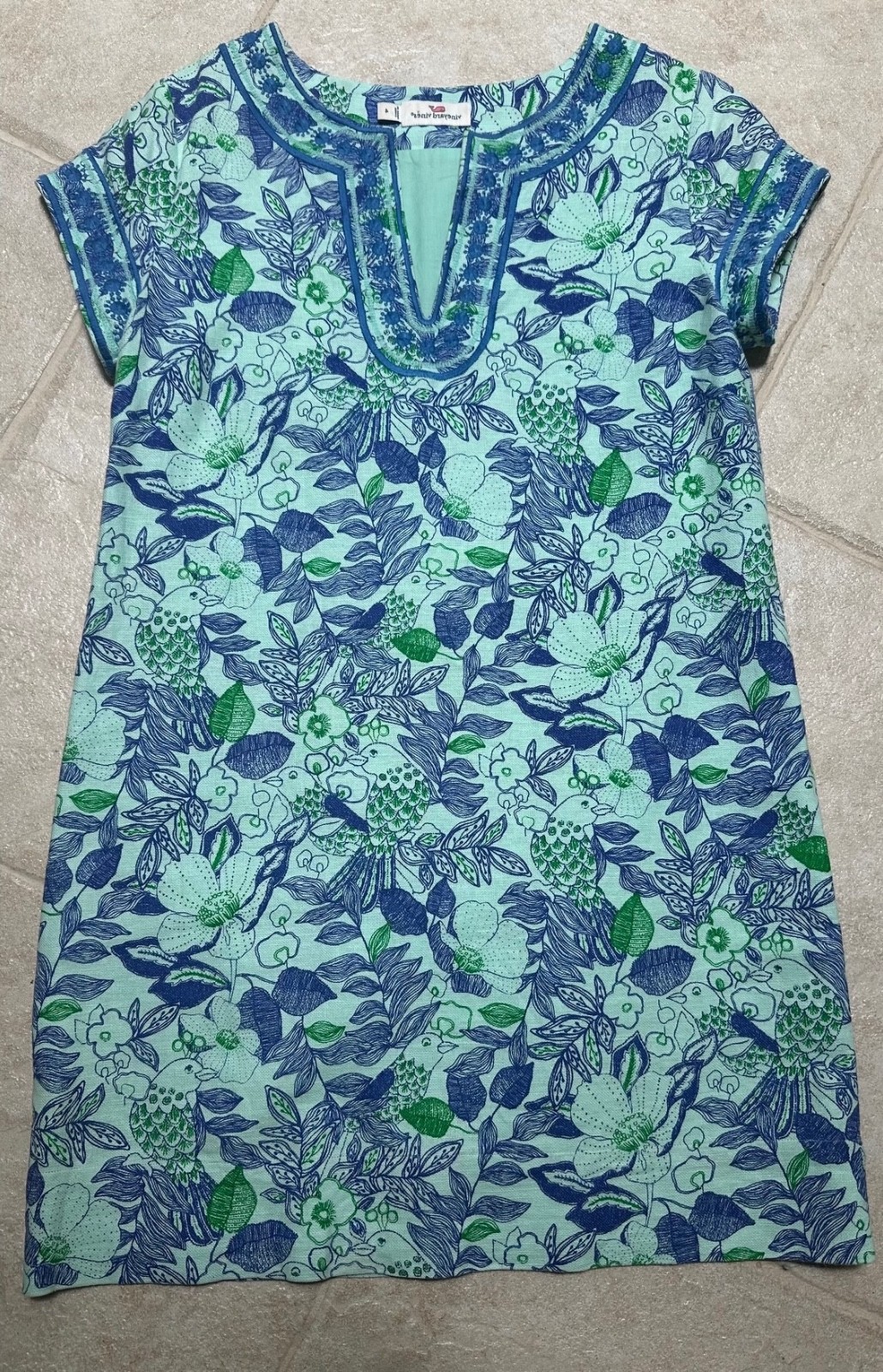 Vineyard Vines Blue Linen Cotton Cordia Floral Bird Embroidered Tunic Dress Sz 4